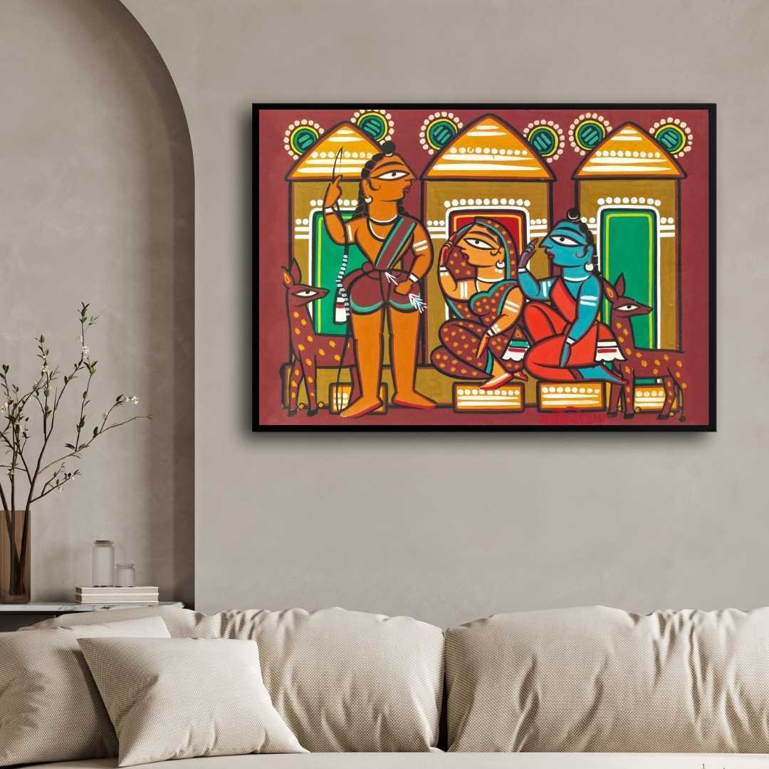 Sita Rama Jamini Roy Folk Art Painting for Living Room | Indian Mythology Wall Art 3 : 2 Horizontal Premium Wall Art Canvas by MeriDeewar