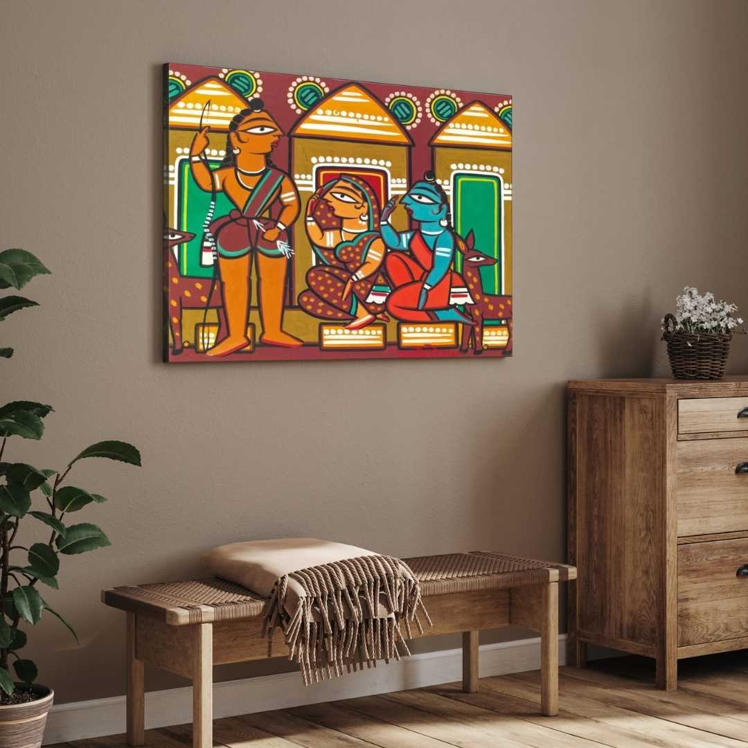 Sita Rama Jamini Roy Folk Art Painting for Living Room | Indian Mythology Wall Art 3 : 2 Horizontal Premium Wall Art Canvas by MeriDeewar