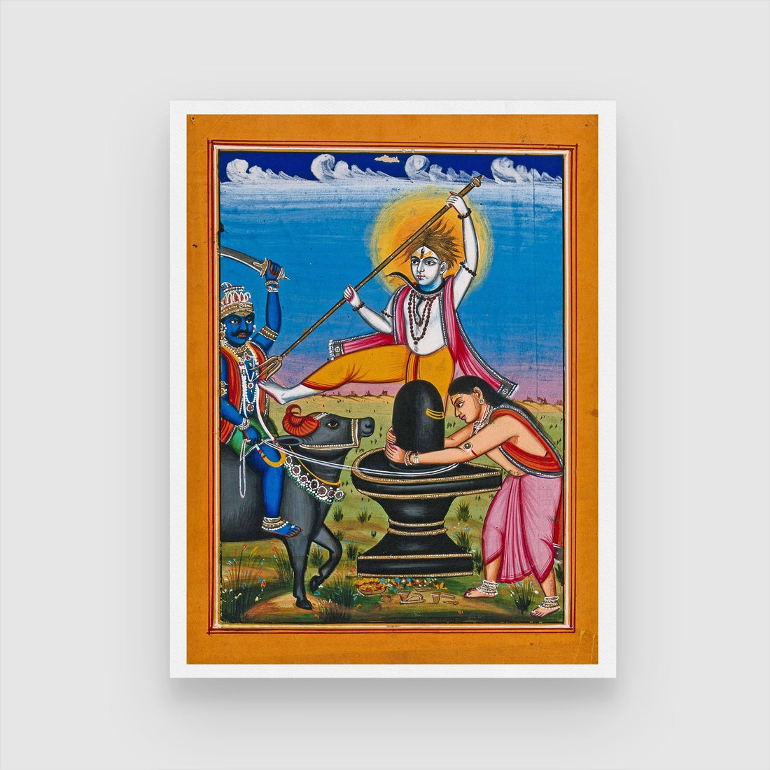 Siva, Standing on a Lingum, Which Is Worshipped by a Woman, Defeats a Demon on an Ox Painting 3 : 4 Vertical New Premium Wall Art Canvas by MeriDeewar