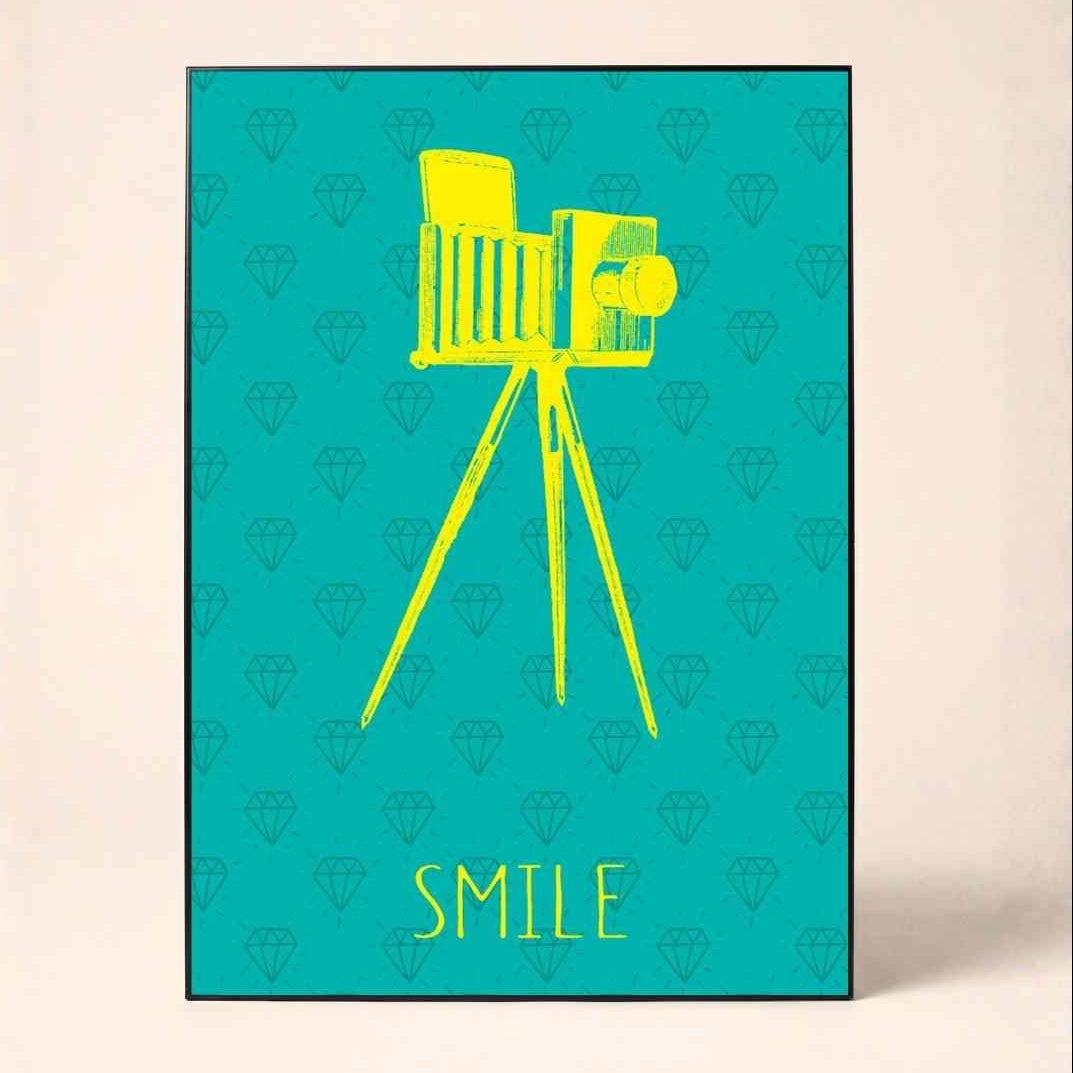 "Smile" Vintage Camera Diamond Pattern Poster | Vertical Borderless Art Frame Poster Premium Wall Art Canvas by MeriDeewar