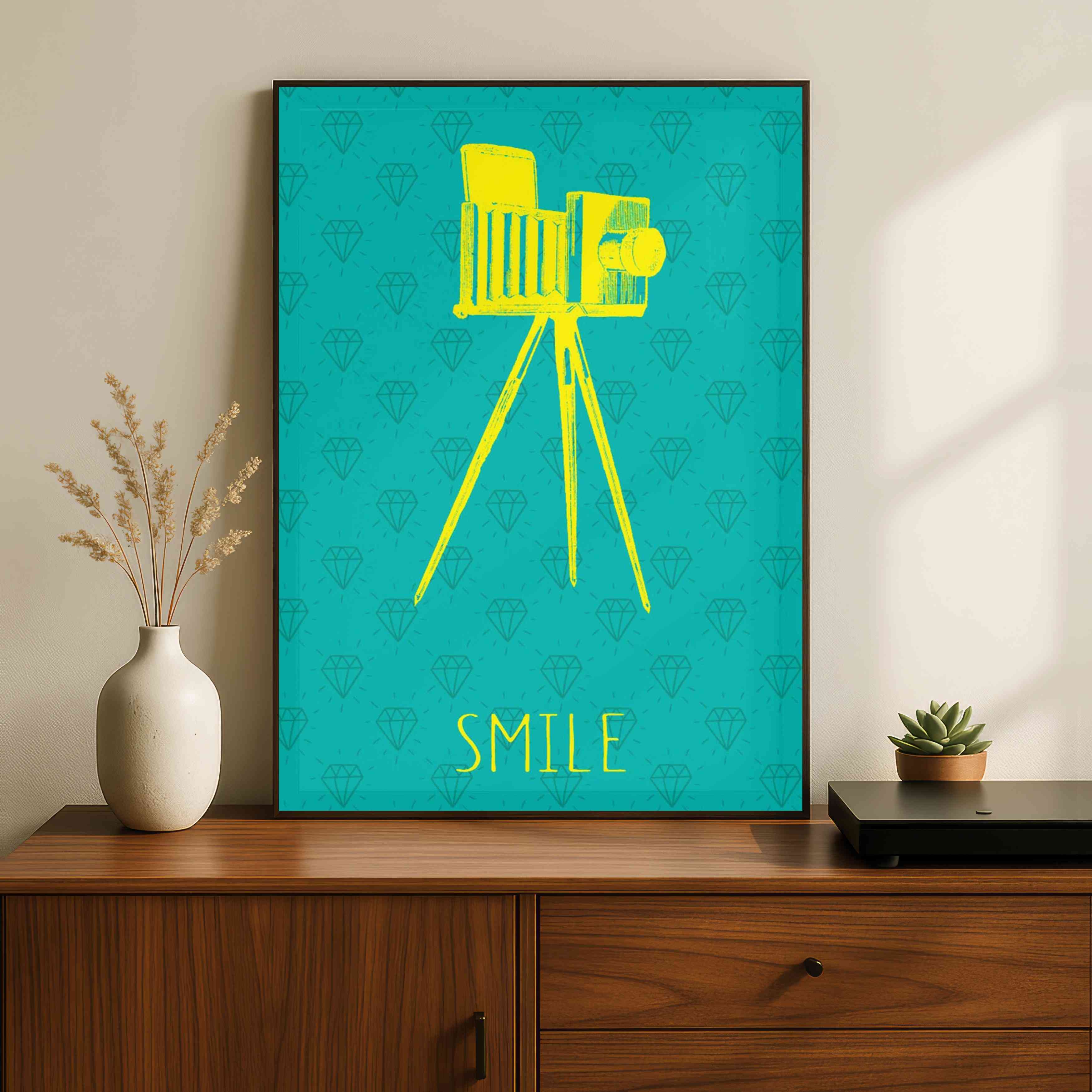 "Smile" Vintage Camera Diamond Pattern Poster | Vertical Borderless Art Frame Poster Premium Wall Art Canvas by MeriDeewar