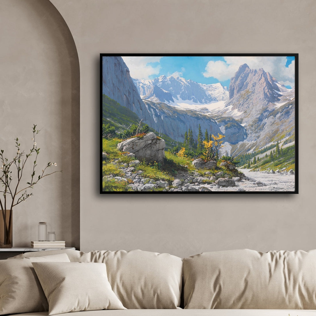 Snowy Peaks & Rocky Valley Landscape Wall Art 2 : 3 Horizontal Premium Wall Art Canvas by MeriDeewar