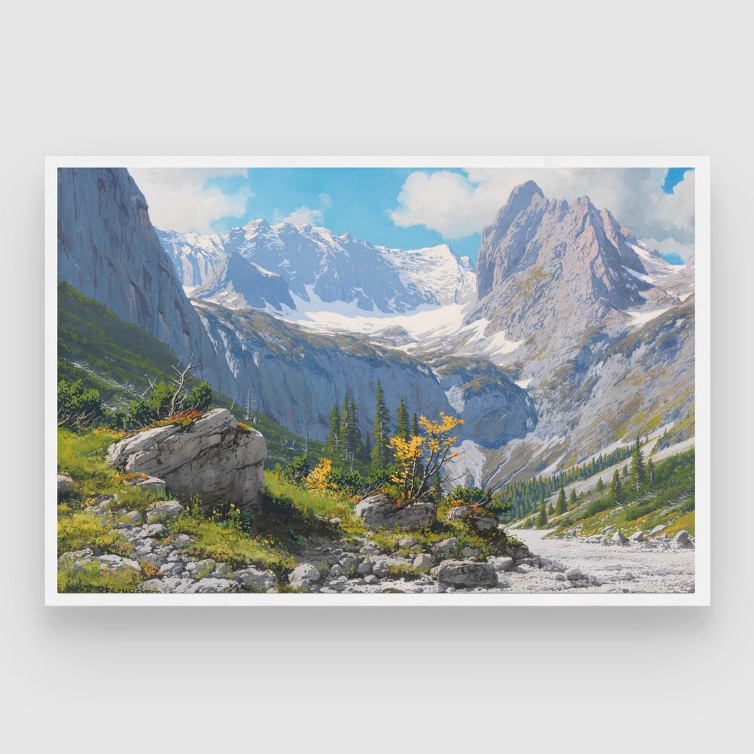 Snowy Peaks & Rocky Valley Landscape Wall Art 2 : 3 Horizontal Premium Wall Art Canvas by MeriDeewar