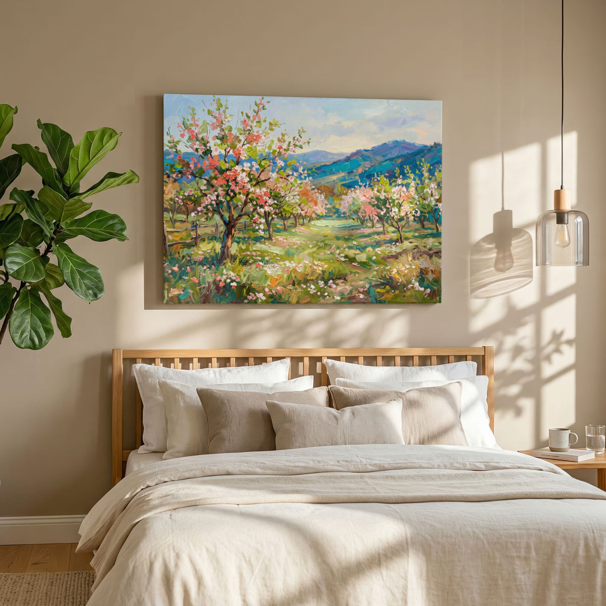 "Spring Blossom Orchard Landscape" Giclée Print | Indian Wall Art Print 4 : 3 Horizontal Premium Wall Art Canvas by MeriDeewar
