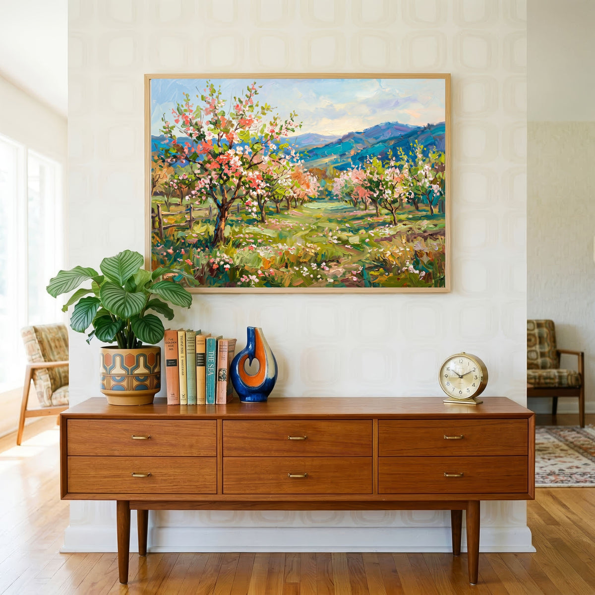 "Spring Blossom Orchard Landscape" Giclée Print | Indian Wall Art Print 4 : 3 Horizontal Premium Wall Art Canvas by MeriDeewar