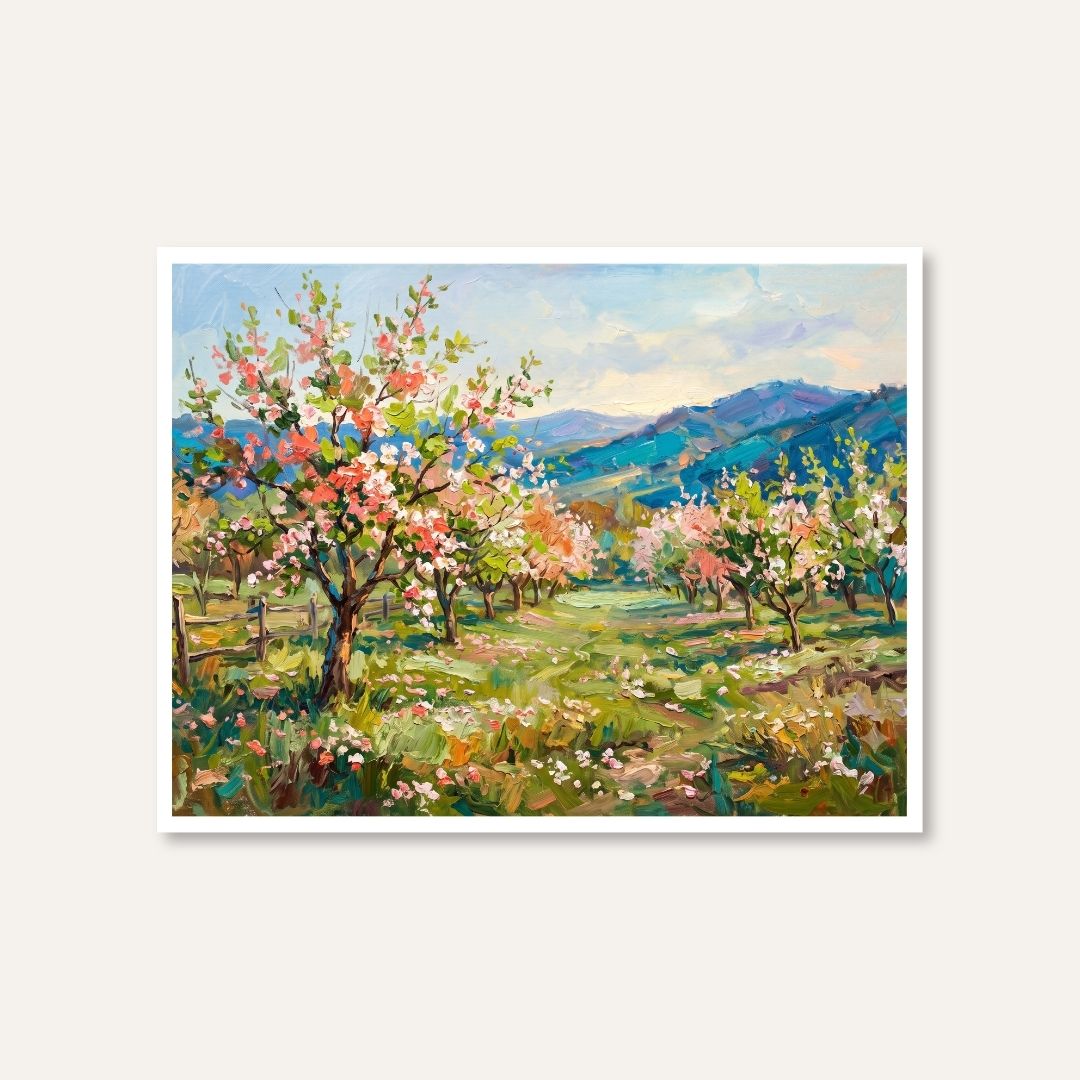 "Spring Blossom Orchard Landscape" Giclée Print | Indian Wall Art Print 4 : 3 Horizontal Premium Wall Art Canvas by MeriDeewar