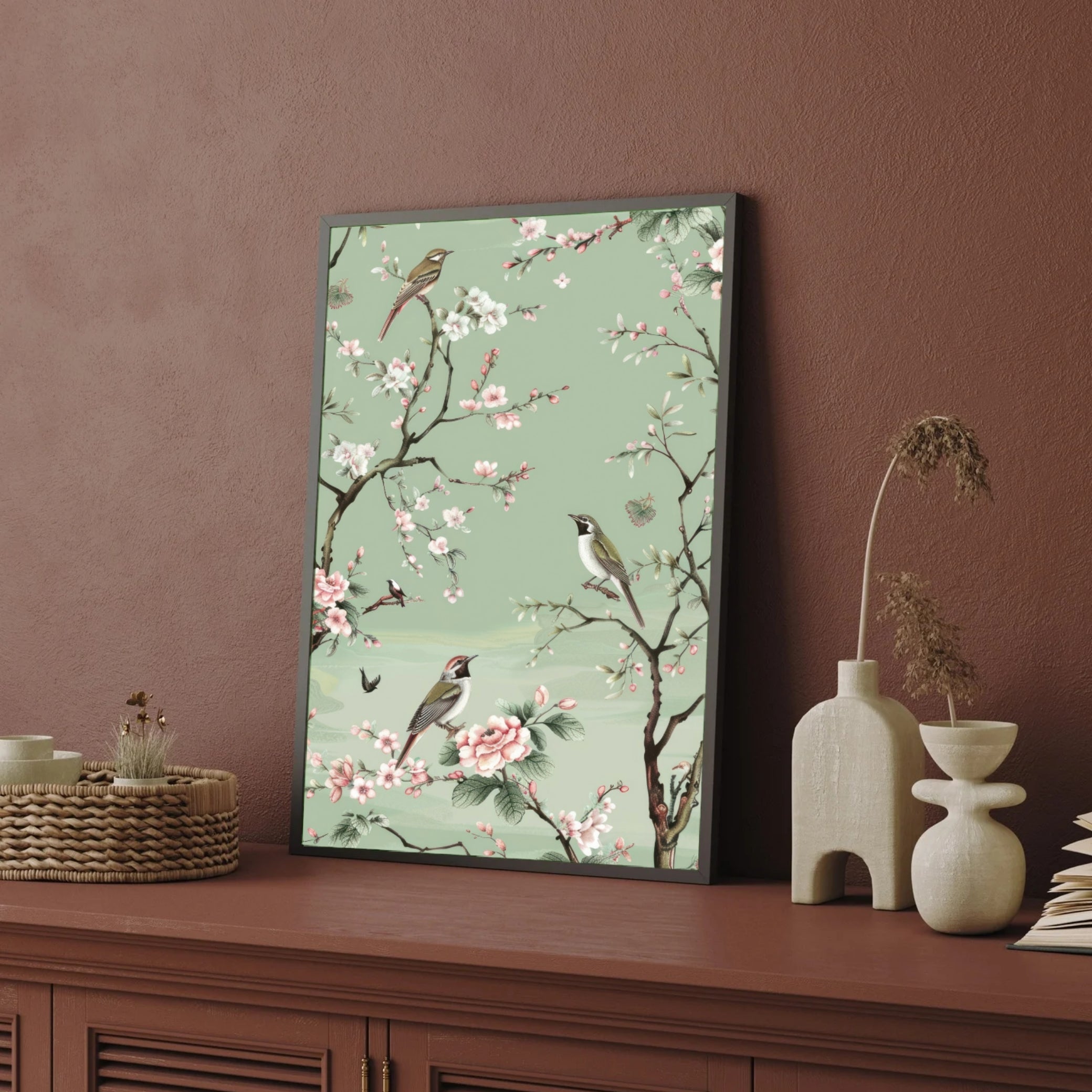 Spring Serenade – Floral Bird Wall Decor 2 : 3 Vertical Premium Wall Art Canvas by MeriDeewar