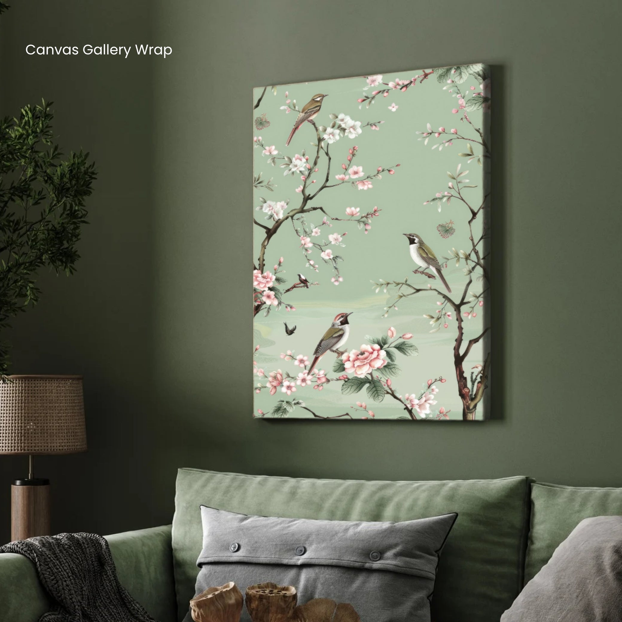 Spring Serenade – Floral Bird Wall Decor 2 : 3 Vertical Premium Wall Art Canvas by MeriDeewar
