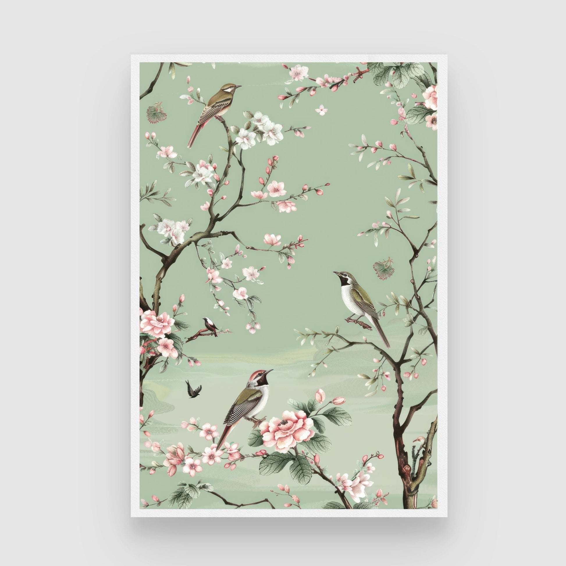 Spring Serenade – Floral Bird Wall Decor 2 : 3 Vertical Premium Wall Art Canvas by MeriDeewar