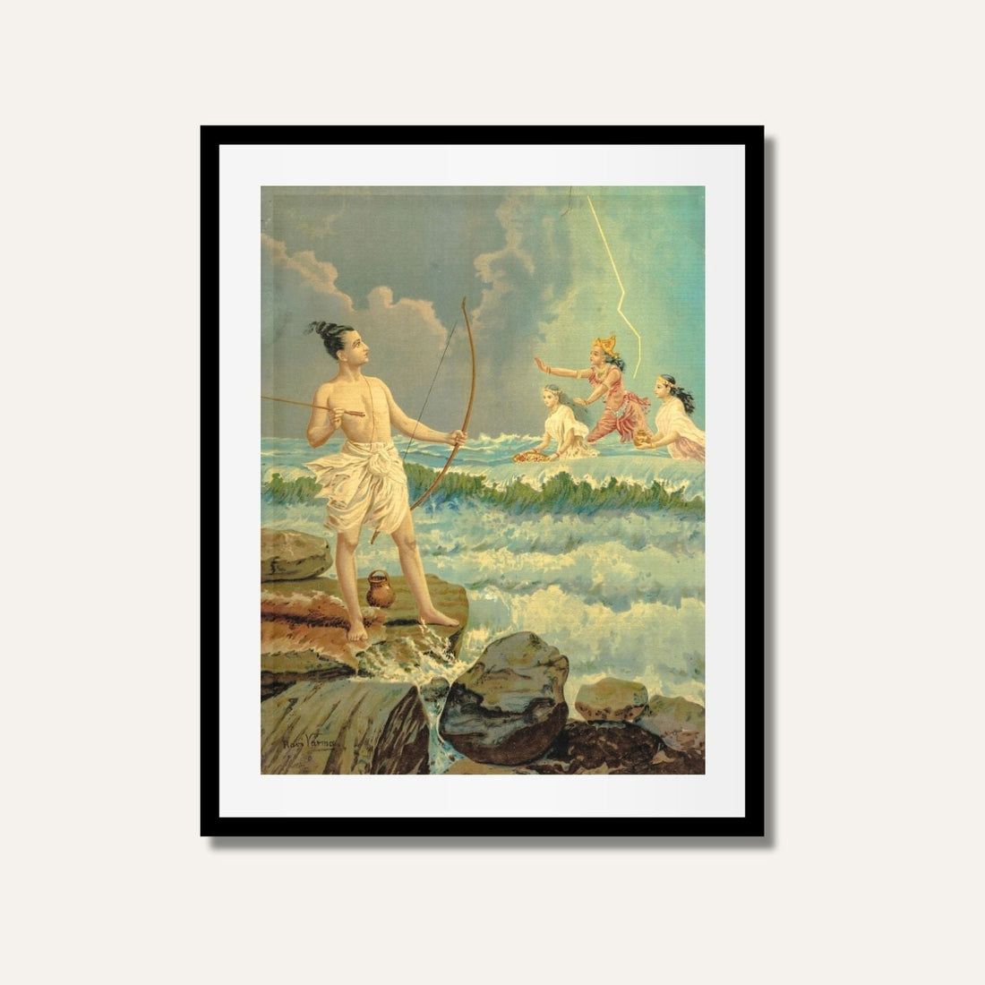 Sri Rama Vanquishing the Sea Painting – Raja Ravi Varma Ramayan Wall Art | MeriDeewar 3 : 4.2 Vertical Premium Wall Art Canvas by MeriDeewar