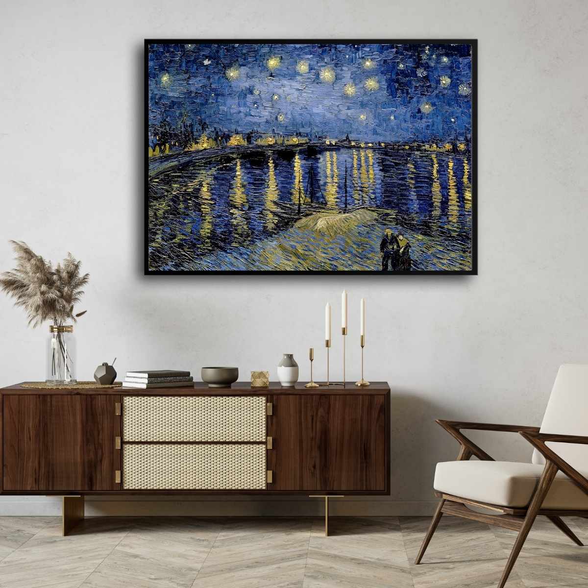 Starry Night Over the Rhone Van Gogh Painting for Living Room | Night Sky Wall Art 4 : 3 Horizontal Premium Wall Art Canvas by MeriDeewar