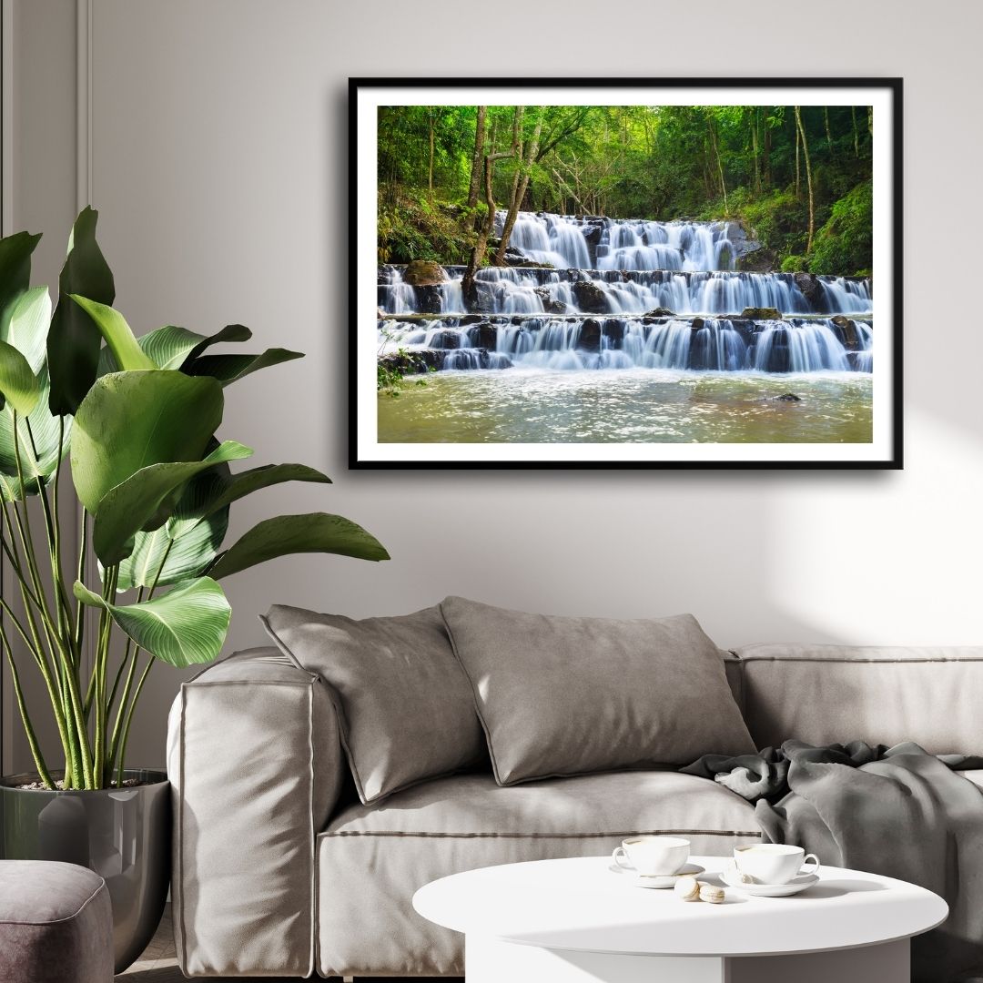 Steps of Serenity – Layered Jungle Waterfall Canvas 2 : 3 Horizontal Premium Wall Art Canvas by MeriDeewar
