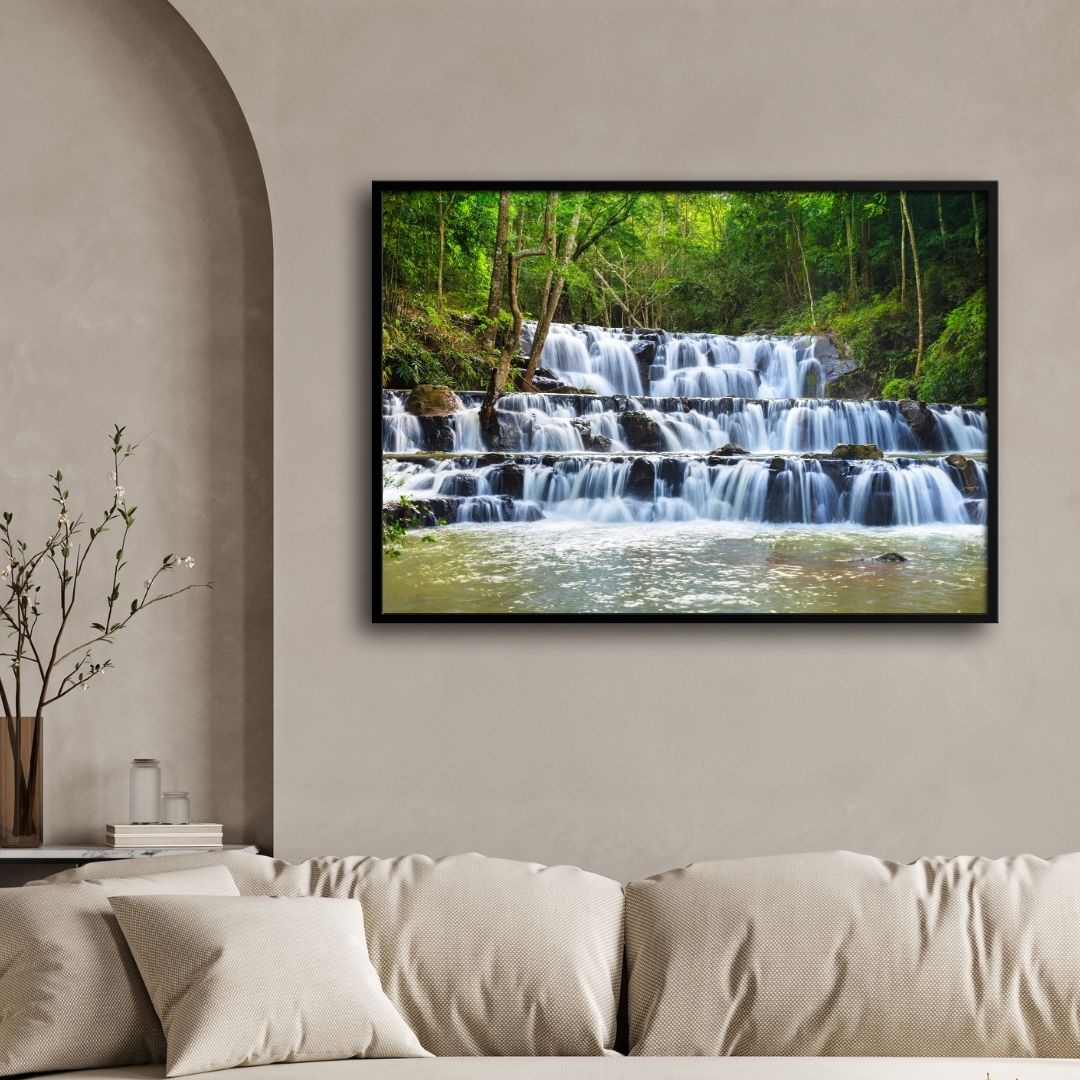 Steps of Serenity – Layered Jungle Waterfall Canvas 2 : 3 Horizontal Premium Wall Art Canvas by MeriDeewar