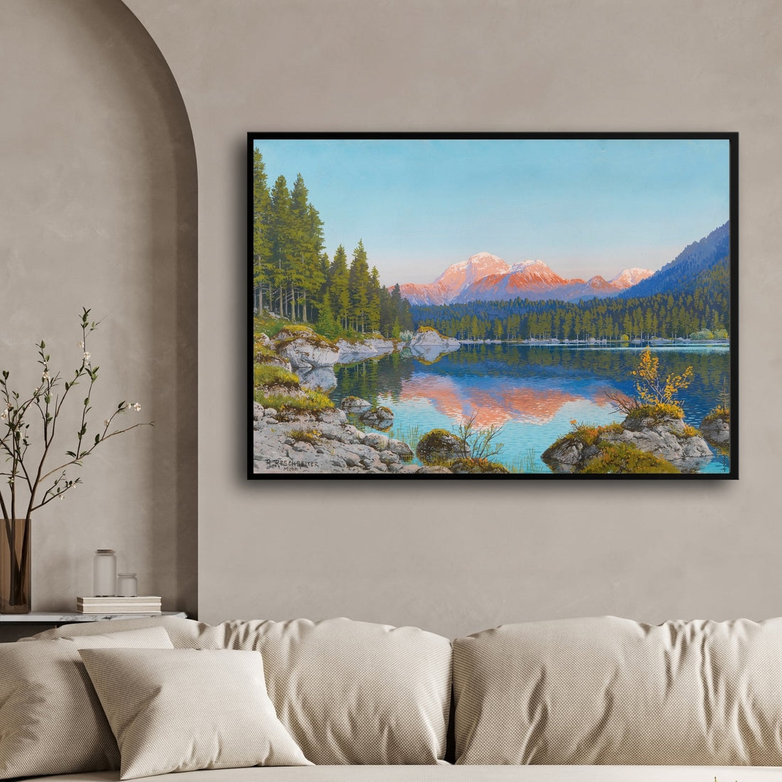Still Waters & Pink Peaks – Reflective Mountain Lake Wall Art 2 : 3 Horizontal Premium Wall Art Canvas by MeriDeewar