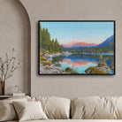 Still Waters & Pink Peaks – Reflective Mountain Lake Wall Art 2 : 3 Horizontal Premium Wall Art Canvas by MeriDeewar