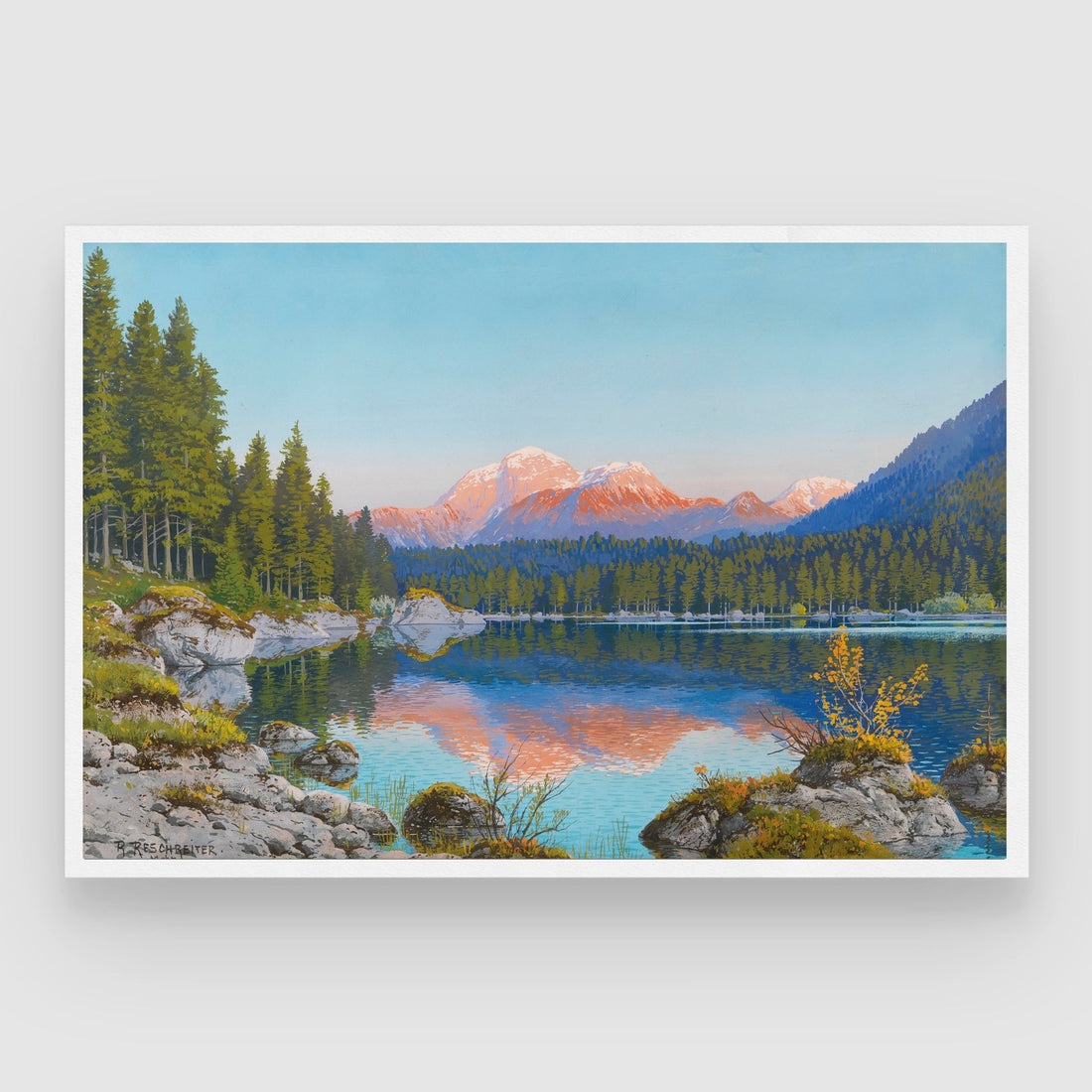 Still Waters & Pink Peaks – Reflective Mountain Lake Wall Art 2 : 3 Horizontal Premium Wall Art Canvas by MeriDeewar
