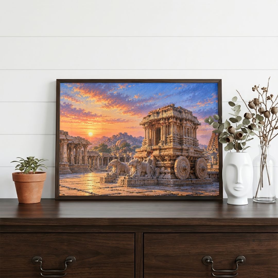 Stone Chariot Hampi | Sunset Vijayanagara Architecture Gallery Wrap Canvas Curate Black Premium Wall Art Canvas by MeriDeewar