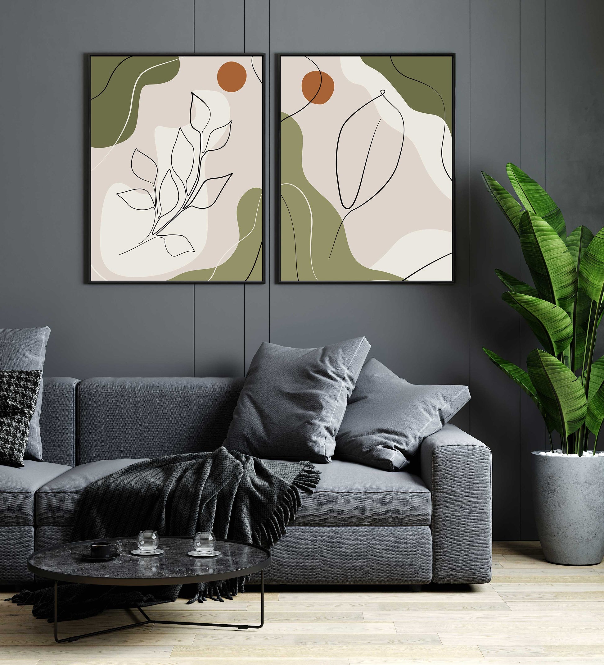 Stylish Flower Line Art with Abstract Shapes - Home Decor Walls Premium Wall Art Canvas by MeriDeewar