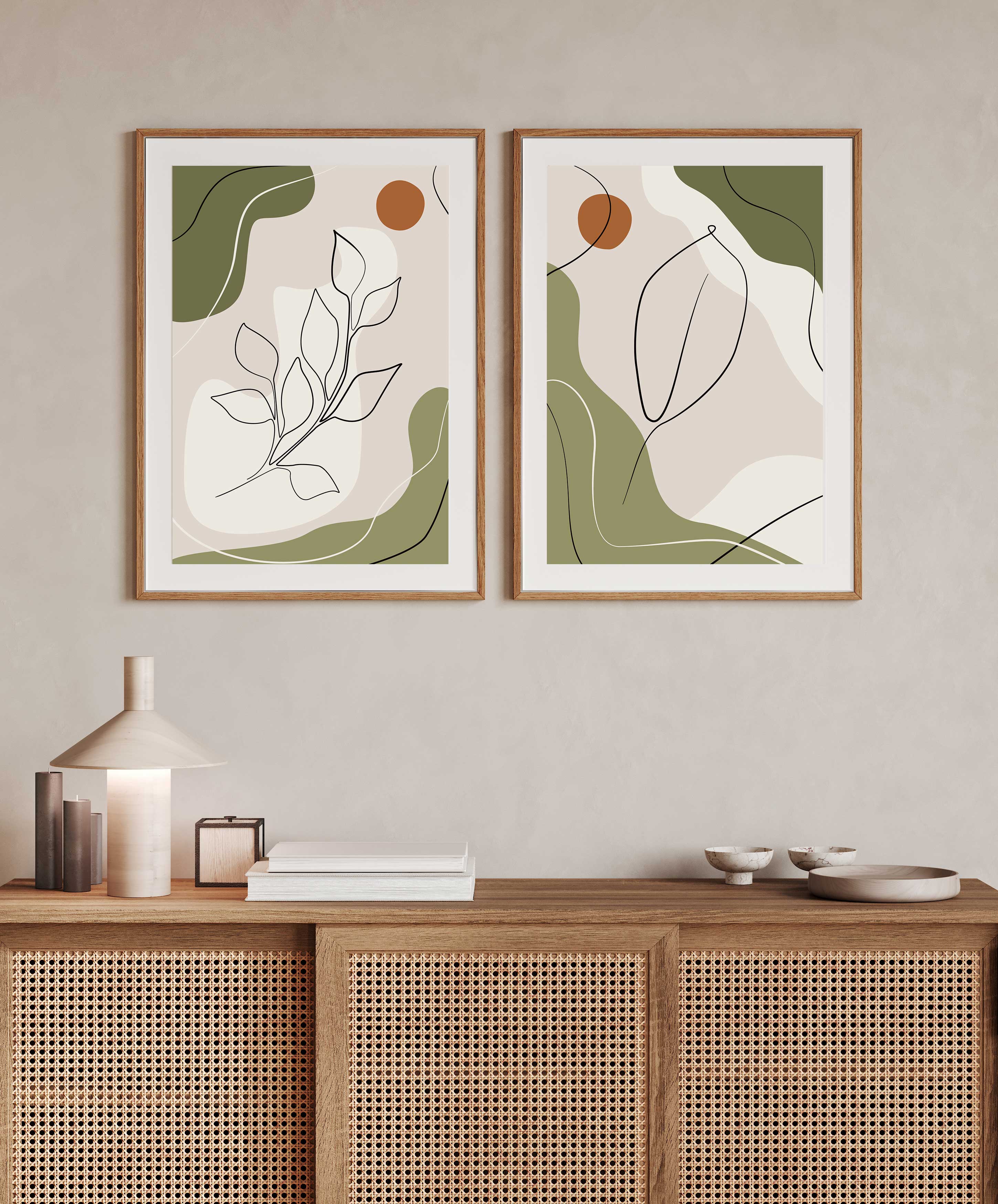 Stylish Flower Line Art with Abstract Shapes - Home Decor Walls Premium Wall Art Canvas by MeriDeewar