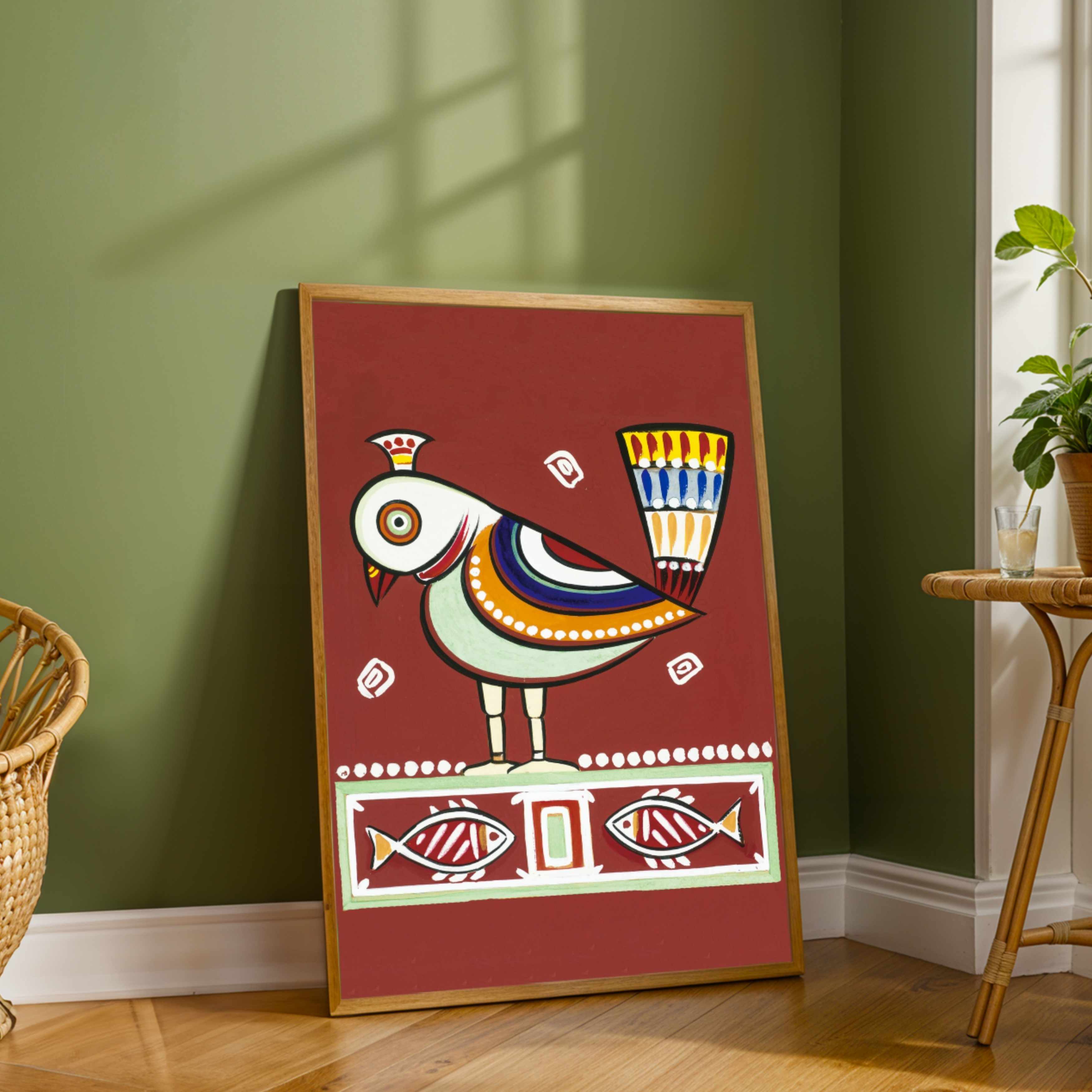 "Stylized Bird with Fish" Jamini Roy Painting | Fine Art Wall Art 2 : 3 Vertical Premium Wall Art Canvas by MeriDeewar