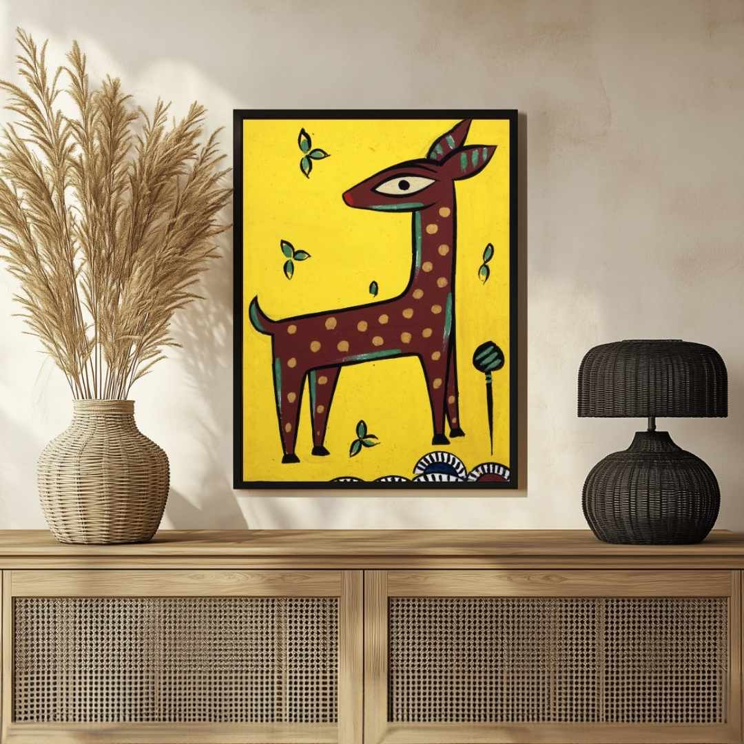 "Stylized Deer" Jamini Roy Painting | Fine Art Wall Art 2 : 3 Vertical Premium Wall Art Canvas by MeriDeewar