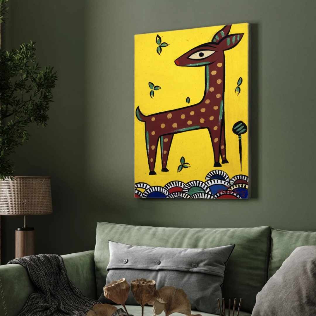"Stylized Deer" Jamini Roy Painting | Fine Art Wall Art 2 : 3 Vertical Premium Wall Art Canvas by MeriDeewar