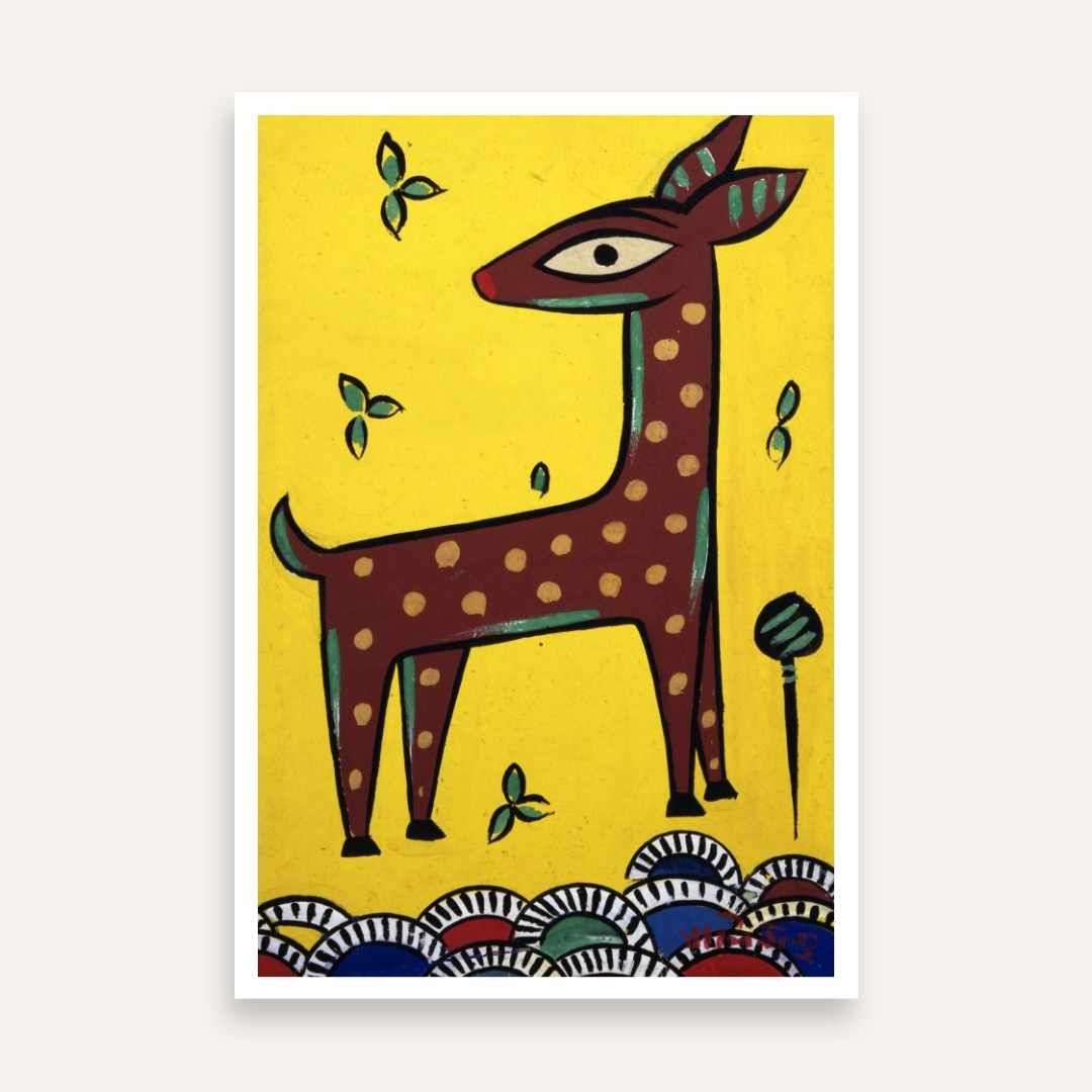 "Stylized Deer" Jamini Roy Painting | Fine Art Wall Art 2 : 3 Vertical Premium Wall Art Canvas by MeriDeewar