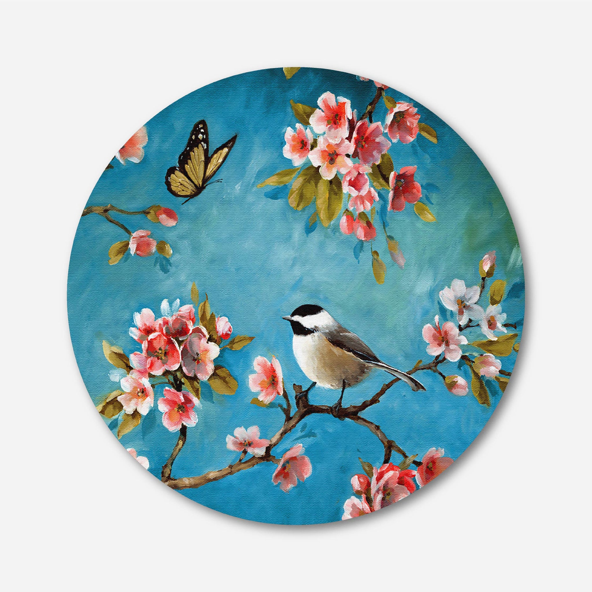 Summer butterfly and Bird Painting Circular Canvas Frame Circular Canvas Frame Premium Wall Art Canvas by MeriDeewar