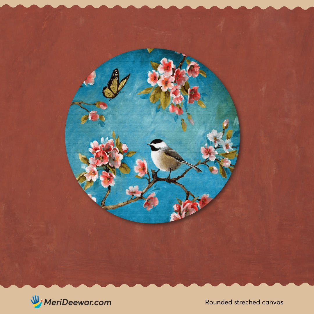 Summer butterfly and Bird Painting Circular Canvas Frame Circular Canvas Frame Premium Wall Art Canvas by MeriDeewar