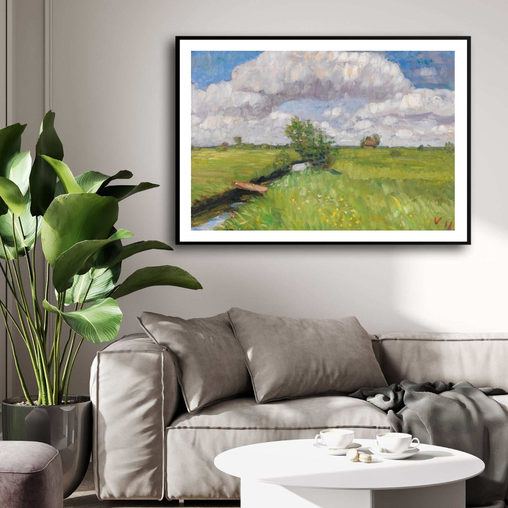 Summer Skies – Impressionist Green Field Landscape Painting 2 : 3 Horizontal Premium Wall Art Canvas by MeriDeewar