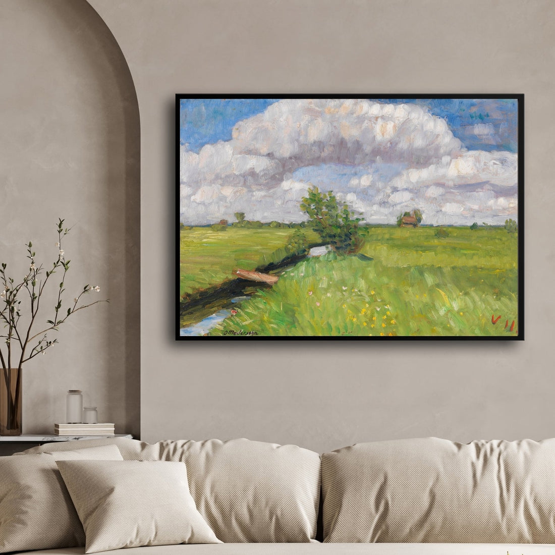 Summer Skies – Impressionist Green Field Landscape Painting 2 : 3 Horizontal Premium Wall Art Canvas by MeriDeewar