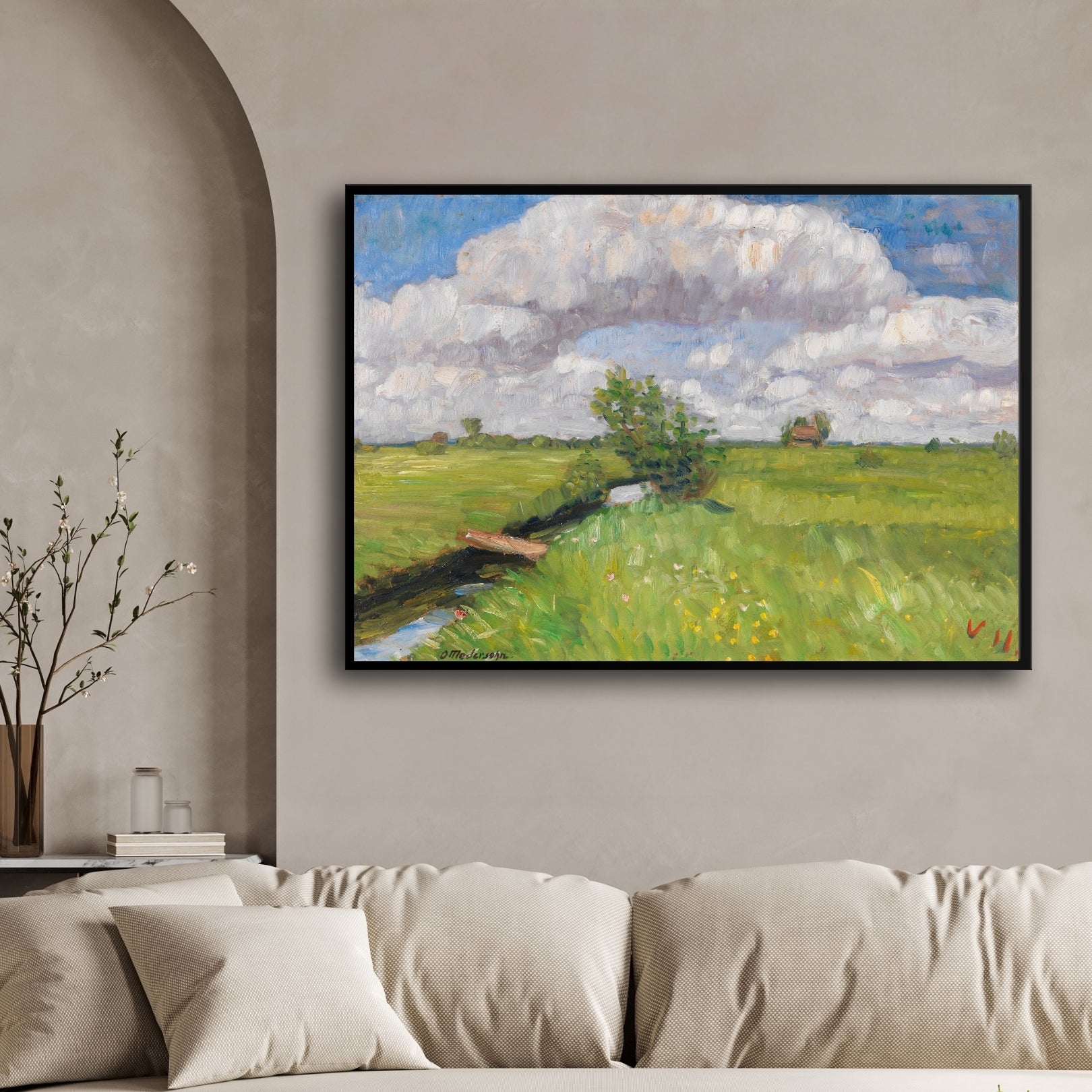 Summer Skies – Impressionist Green Field Landscape Painting 2 : 3 Horizontal Premium Wall Art Canvas by MeriDeewar