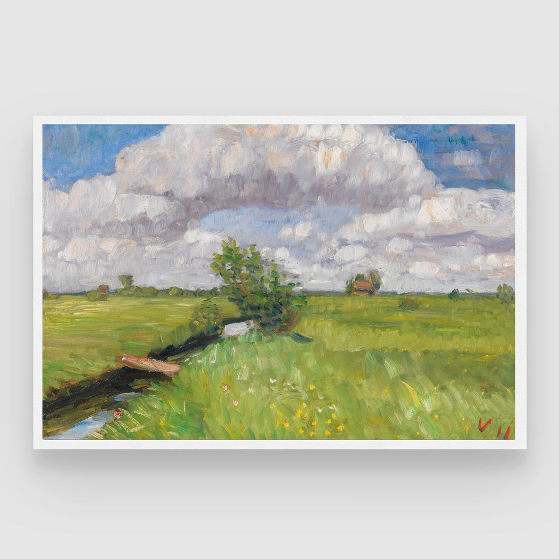 Summer Skies – Impressionist Green Field Landscape Painting 2 : 3 Horizontal Premium Wall Art Canvas by MeriDeewar
