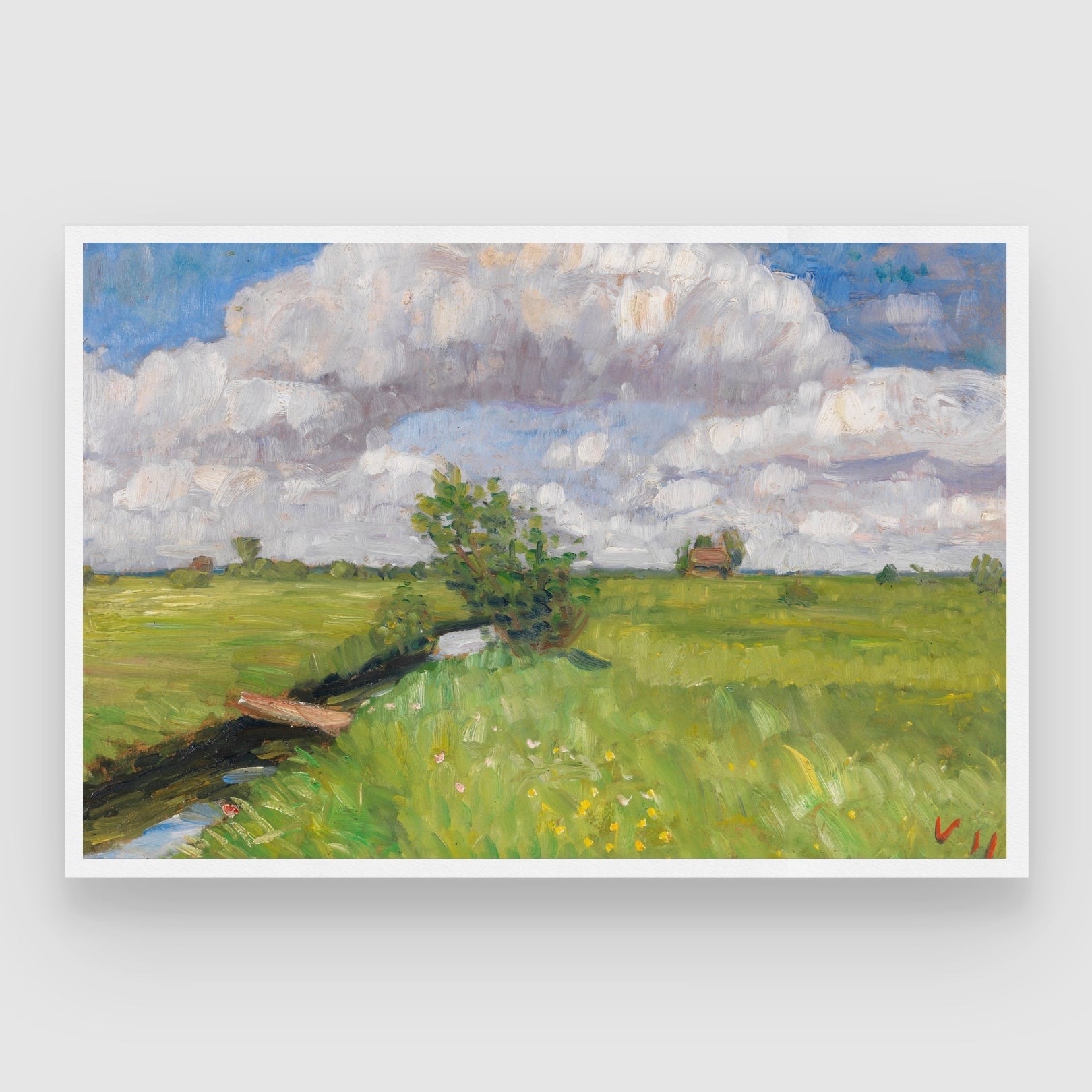 Summer Skies – Impressionist Green Field Landscape Painting 2 : 3 Horizontal Premium Wall Art Canvas by MeriDeewar