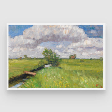 Summer Skies – Impressionist Green Field Landscape Painting 2 : 3 Horizontal Premium Wall Art Canvas by MeriDeewar