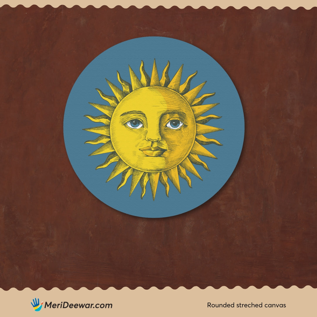 Sun and Moon Crescent Face Circular Gallery Wrap Canvas Circular Canvas Frame Premium Wall Art Canvas by MeriDeewar