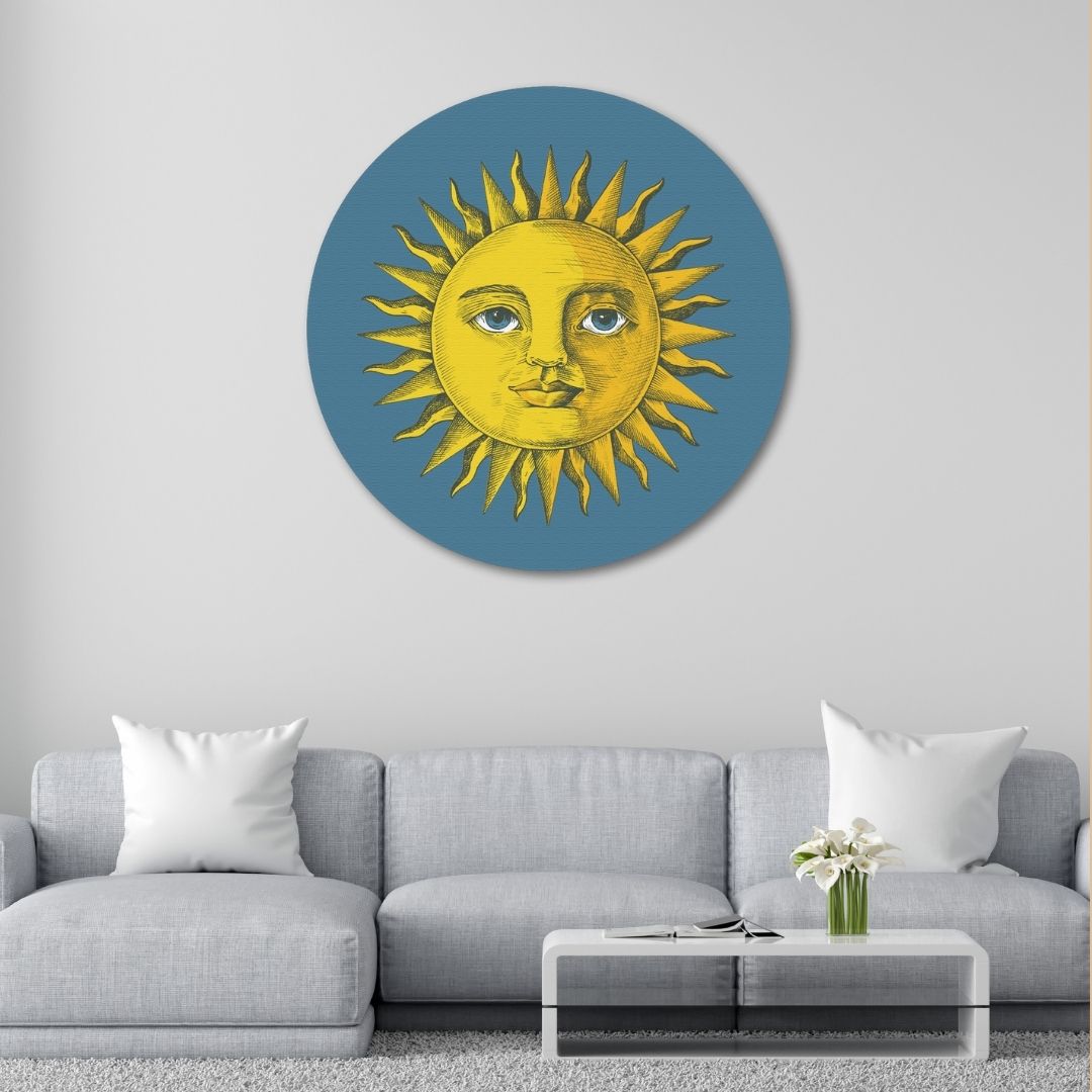 Sun and Moon Crescent Face Circular Gallery Wrap Canvas Circular Canvas Frame Premium Wall Art Canvas by MeriDeewar