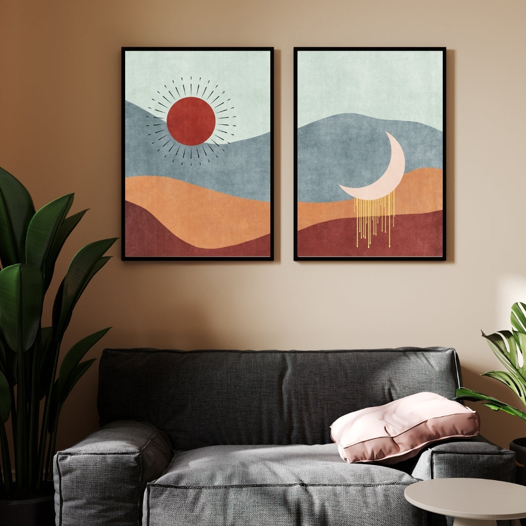 Sun & Moon Harmony – Minimal Abstract Landscape Wall Art Walls Premium Wall Art Canvas by MeriDeewar