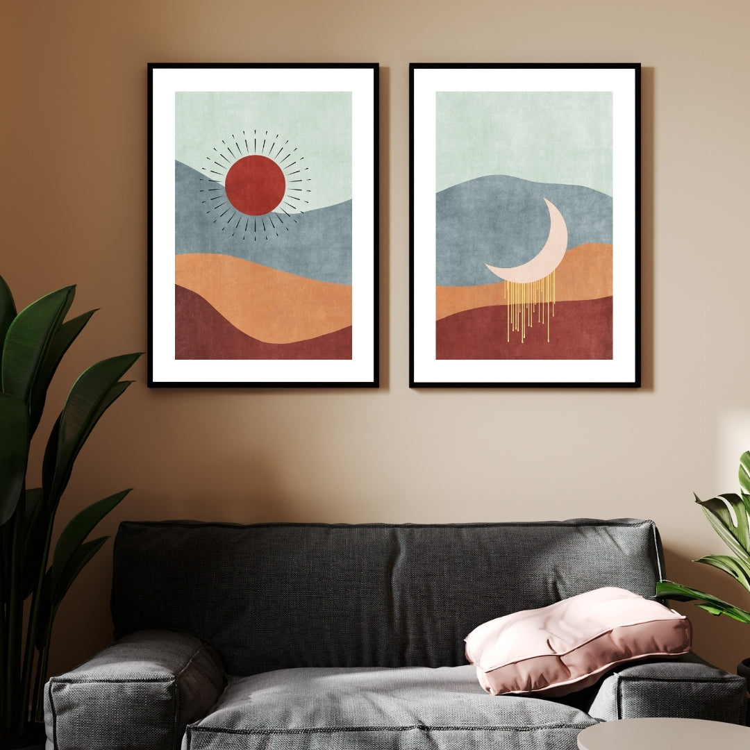 Sun & Moon Harmony – Minimal Abstract Landscape Wall Art Walls Premium Wall Art Canvas by MeriDeewar