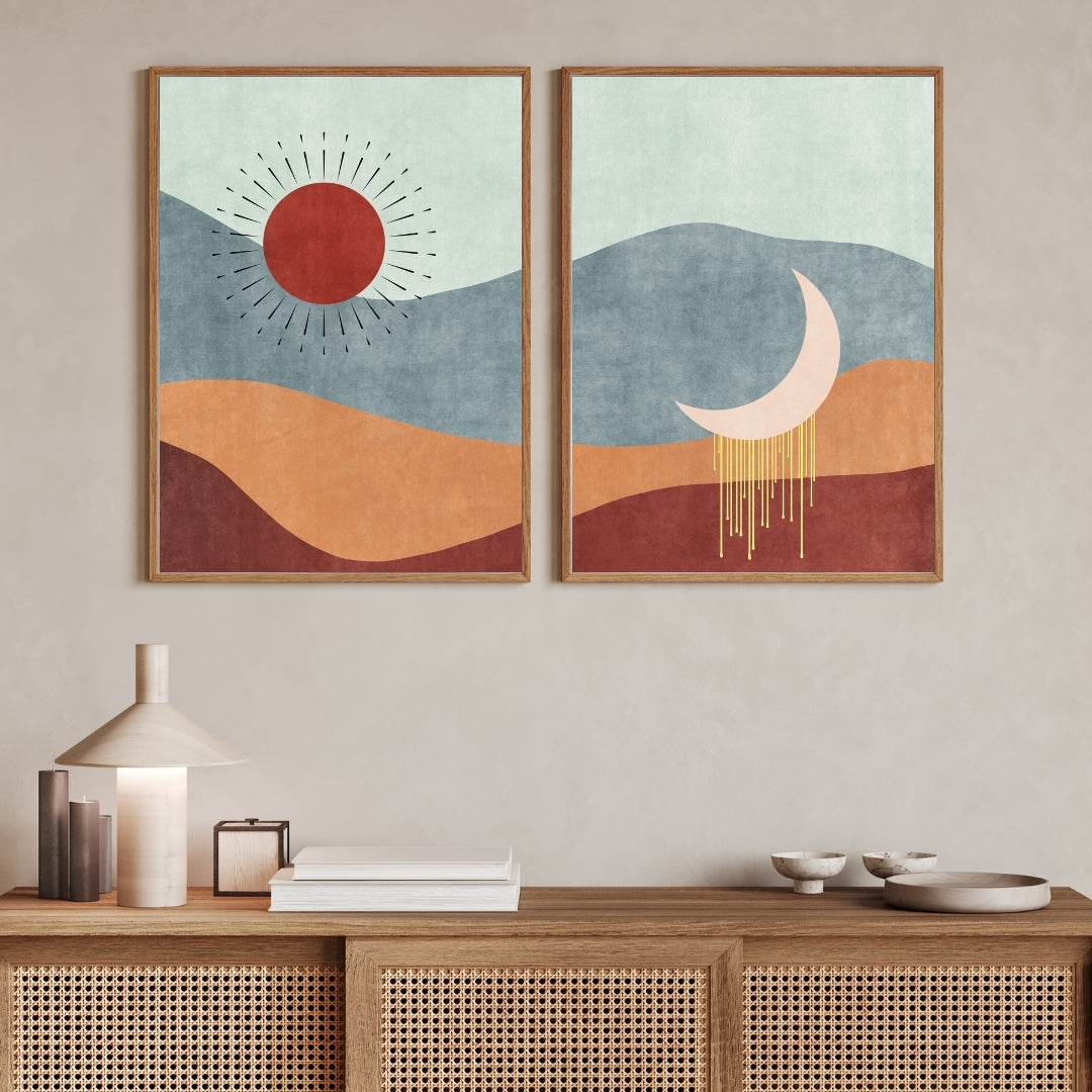 Sun & Moon Harmony – Minimal Abstract Landscape Wall Art Walls Premium Wall Art Canvas by MeriDeewar