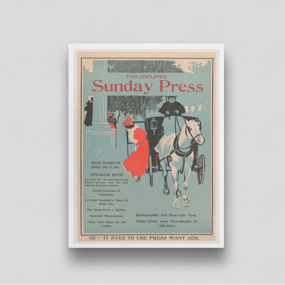 Sunday Press Poster by George Reiter Brill 3 : 4 Vertical New Premium Wall Art Canvas by MeriDeewar