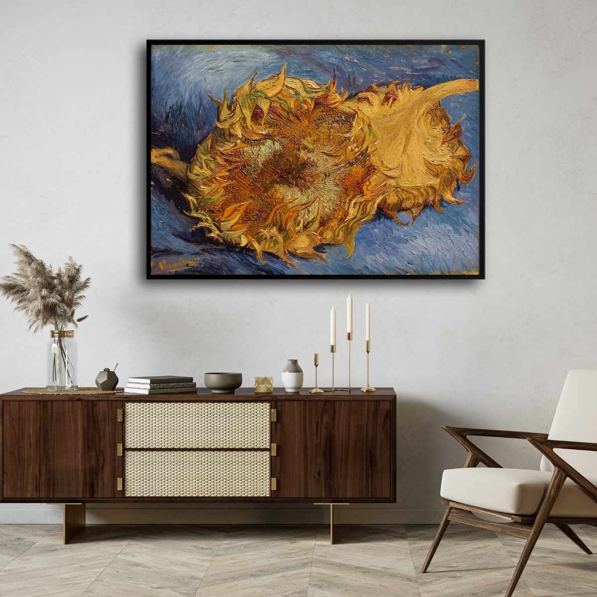 Sunflower Painting for Living Room | Van Gogh Two Cut Sunflowers | Wall Art Print 3 : 2 Horizontal Premium Wall Art Canvas by MeriDeewar