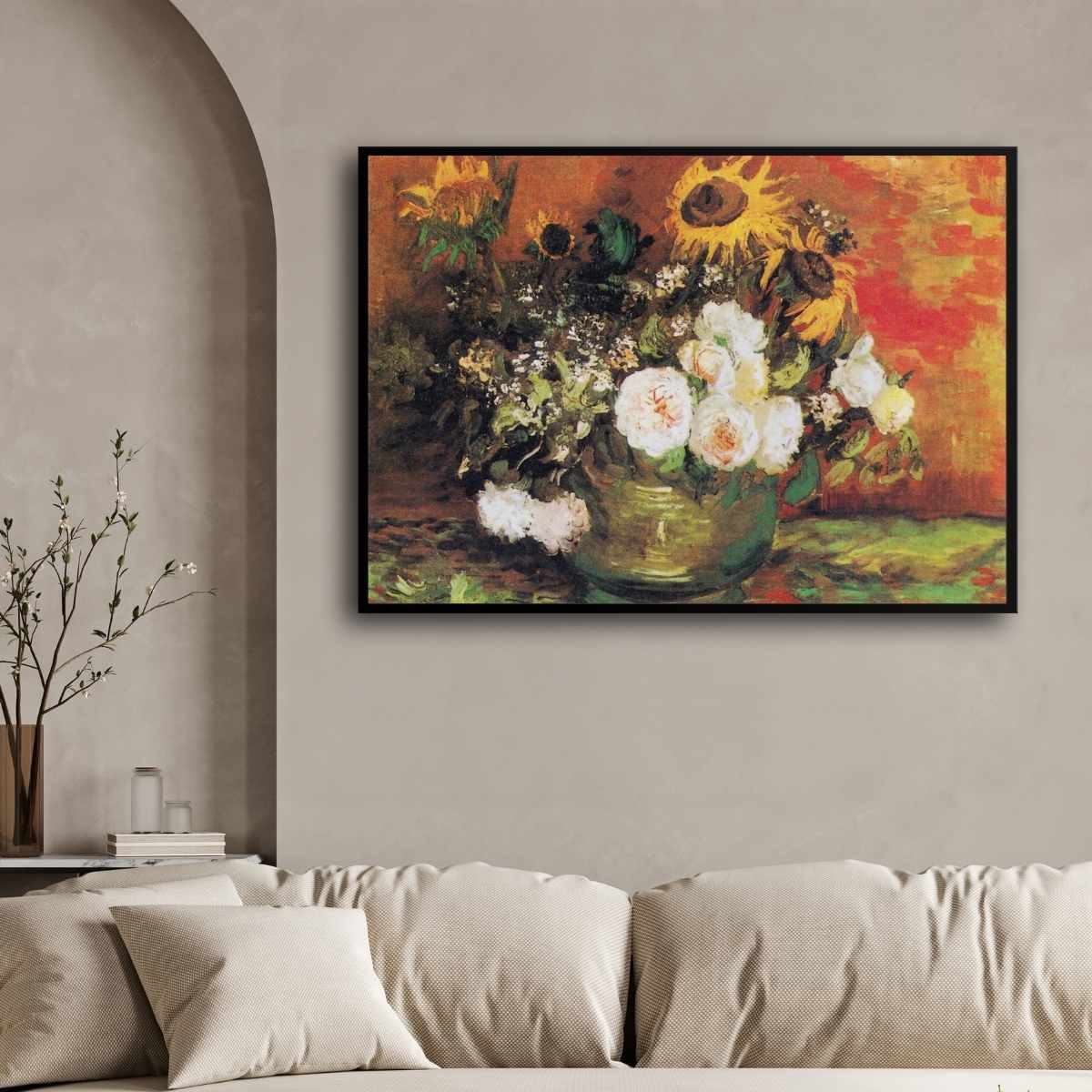 Sunflower & Roses Floral Painting for Living Room | Van Gogh Wall Art | Giclée Print 4 : 3 Horizontal Premium Wall Art Canvas by MeriDeewar