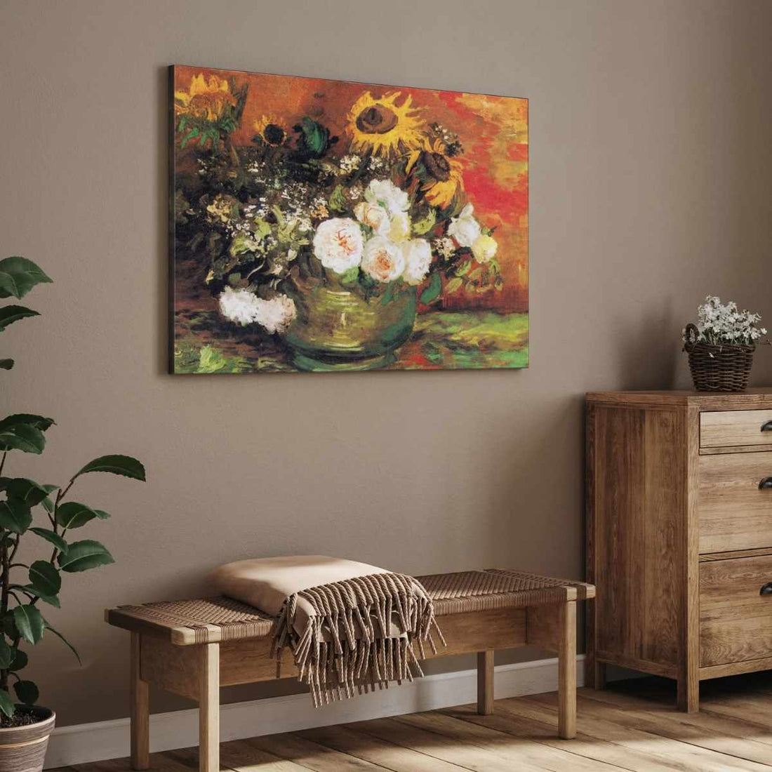 Sunflower & Roses Floral Painting for Living Room | Van Gogh Wall Art | Giclée Print 5 : 4 Horizontal Premium Wall Art Canvas by MeriDeewar
