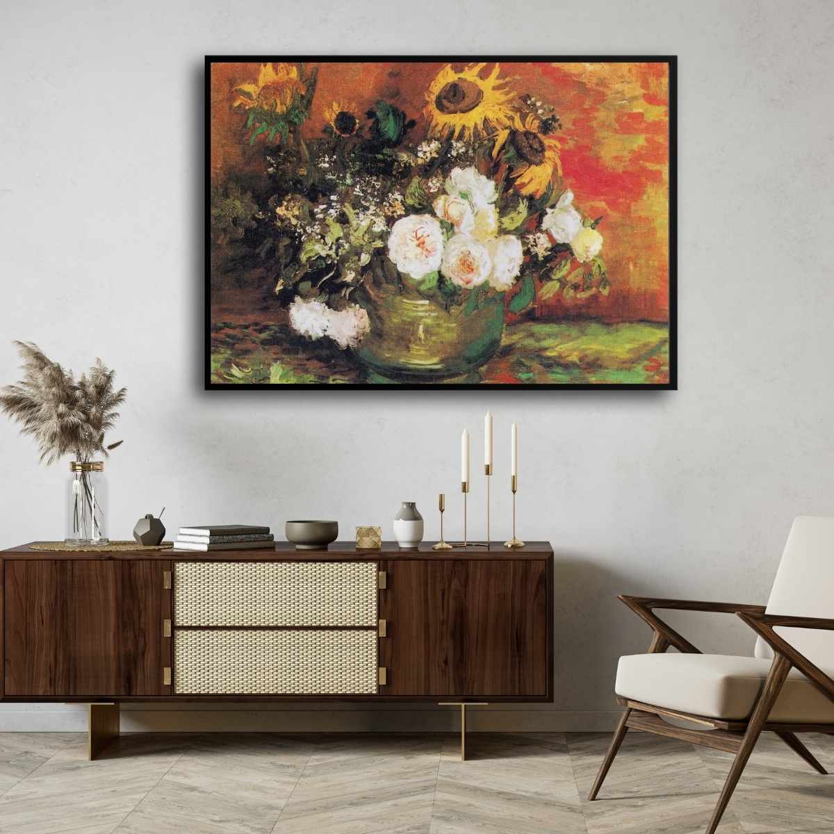 Sunflower & Roses Floral Painting for Living Room | Van Gogh Wall Art | Giclée Print 4 : 3 Horizontal Premium Wall Art Canvas by MeriDeewar