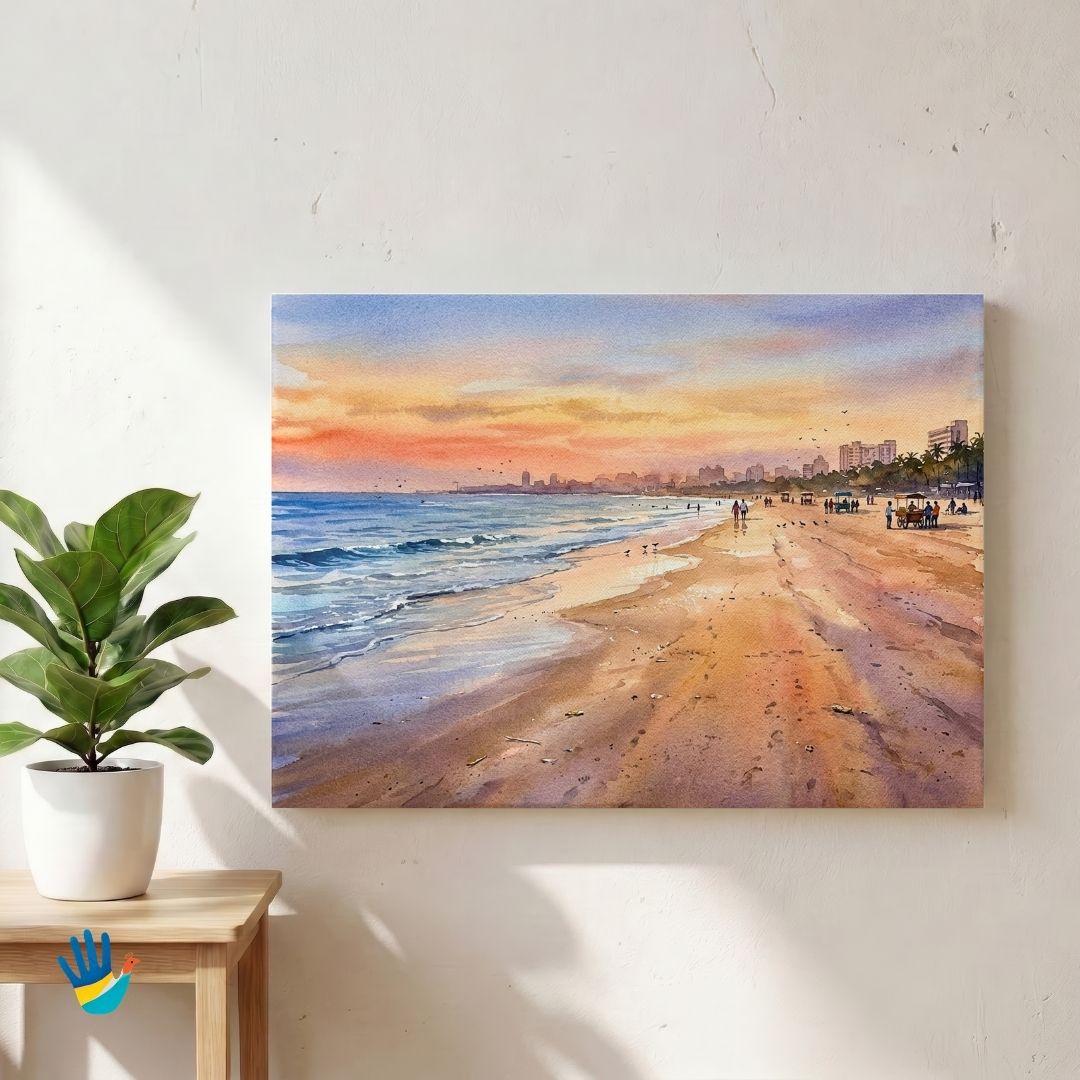 Sunset at Juhu Beach | Mumbai Coastal Seascape Watercolor Heritage Framed Art 4 : 3 Horizontal Premium Wall Art Canvas by MeriDeewar