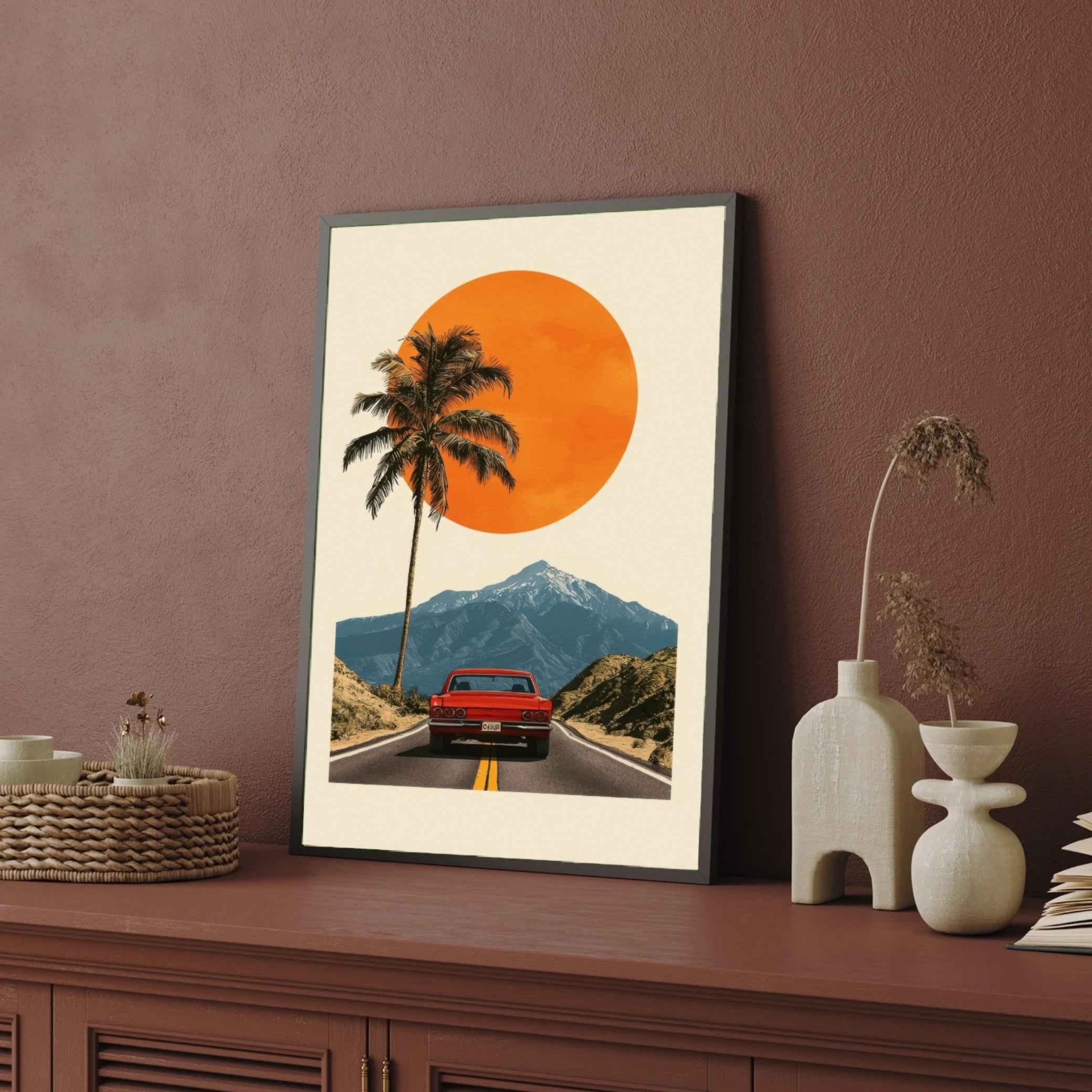 Sunset Drive – Vintage Travel Wall Art for Modern Homes 2 : 3 Vertical Premium Wall Art Canvas by MeriDeewar