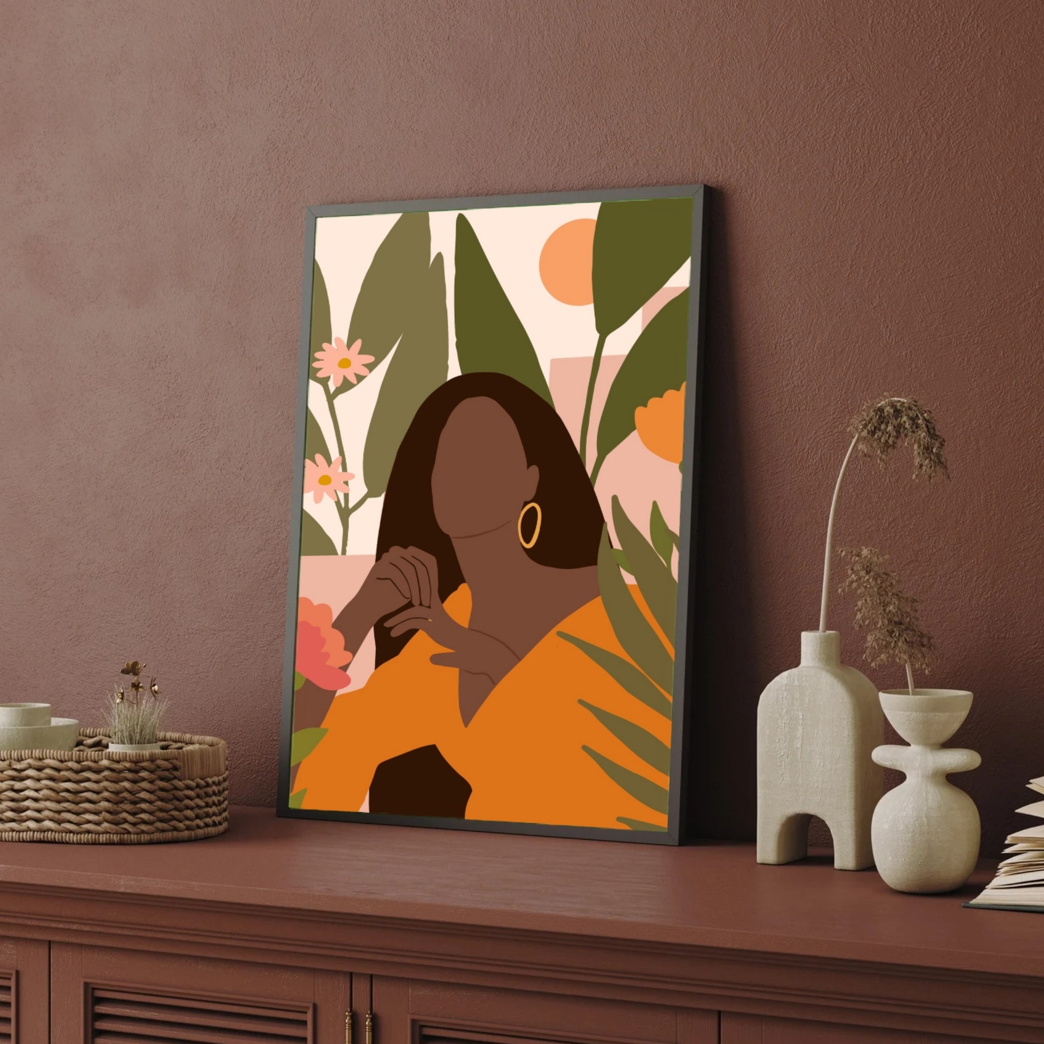 Sunset Muse – Modern Woman with Florals Wall Art Print 2 : 3 Vertical Premium Wall Art Canvas by MeriDeewar