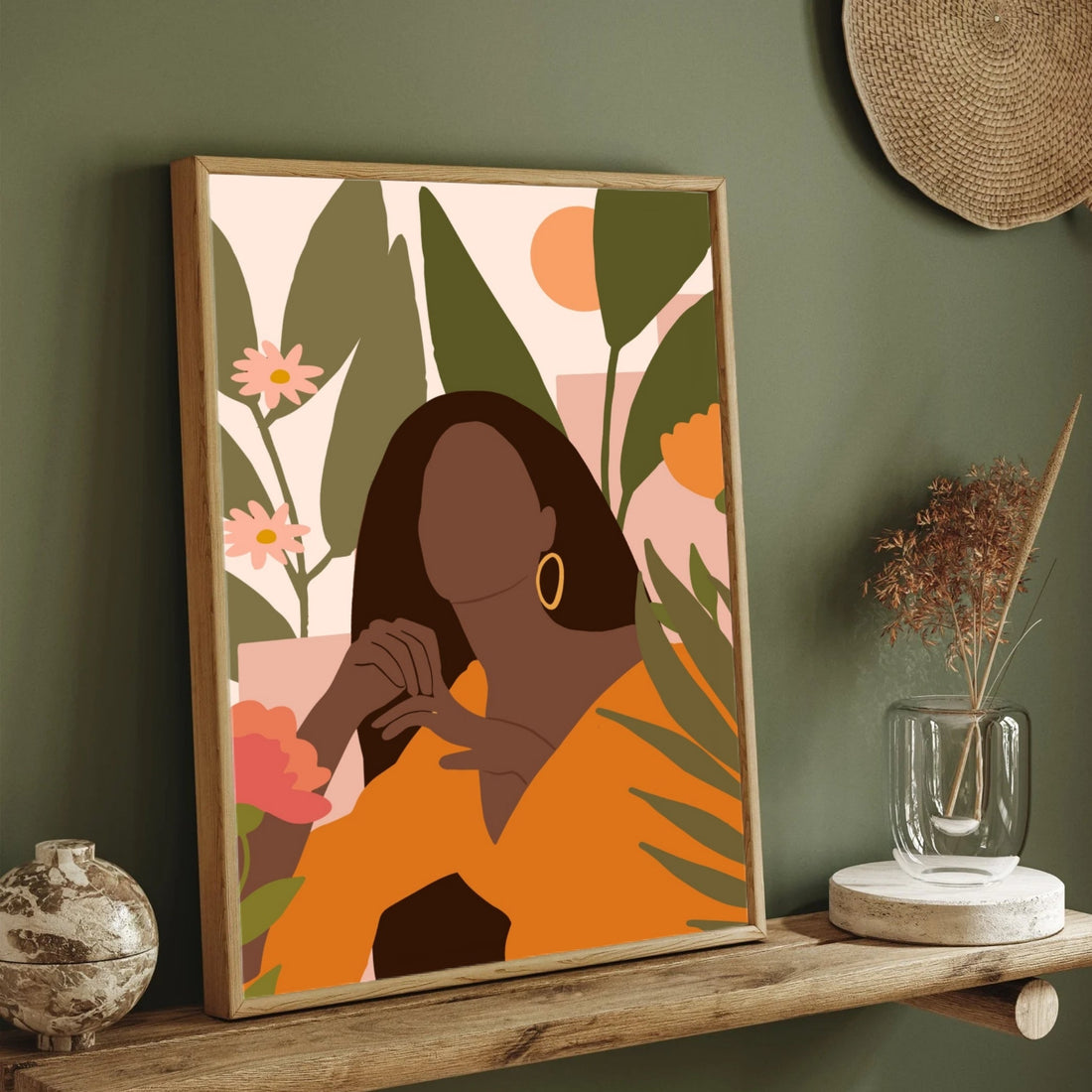 Sunset Muse – Modern Woman with Florals Wall Art Print 2 : 3 Vertical Premium Wall Art Canvas by MeriDeewar