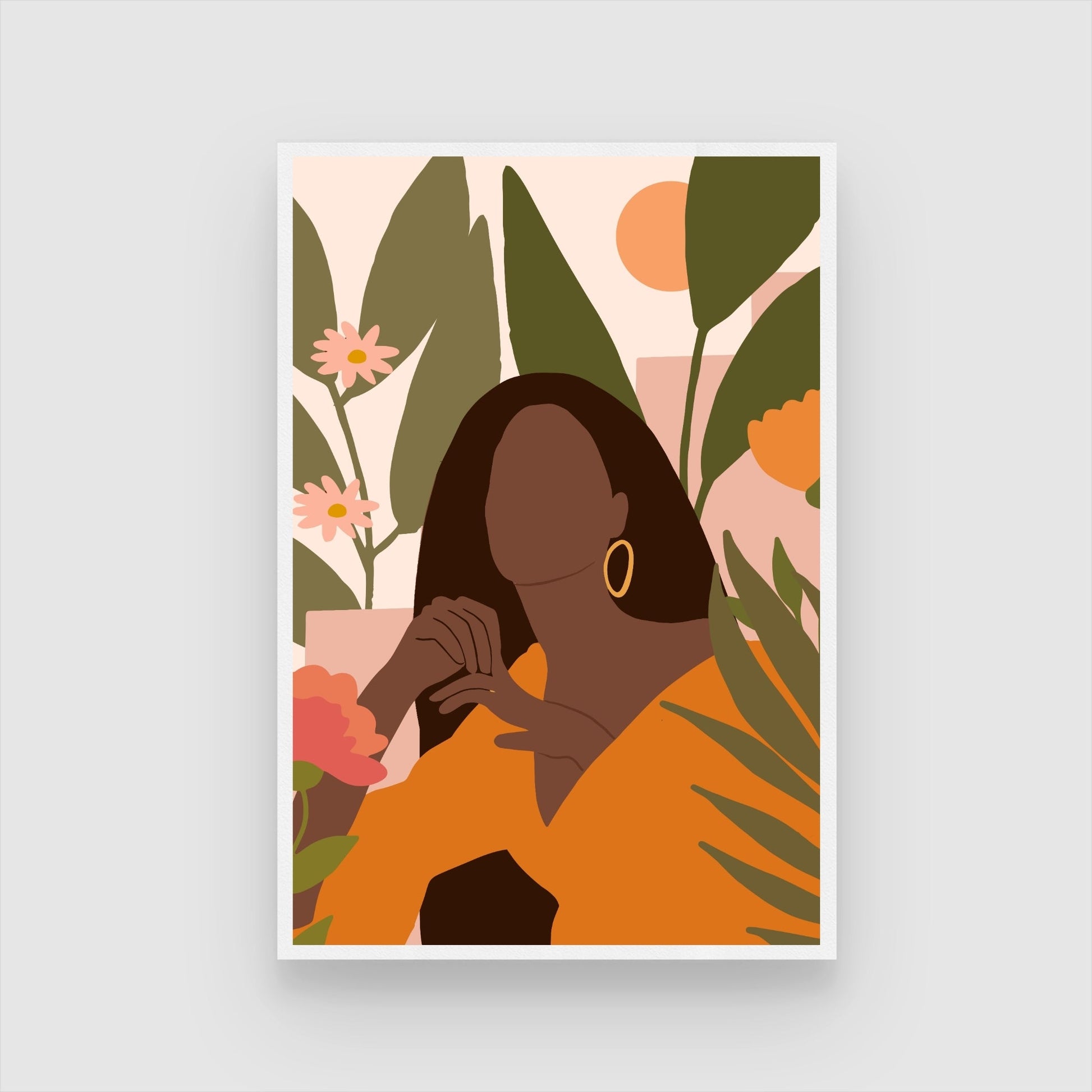 Sunset Muse – Modern Woman with Florals Wall Art Print 2 : 3 Vertical Premium Wall Art Canvas by MeriDeewar